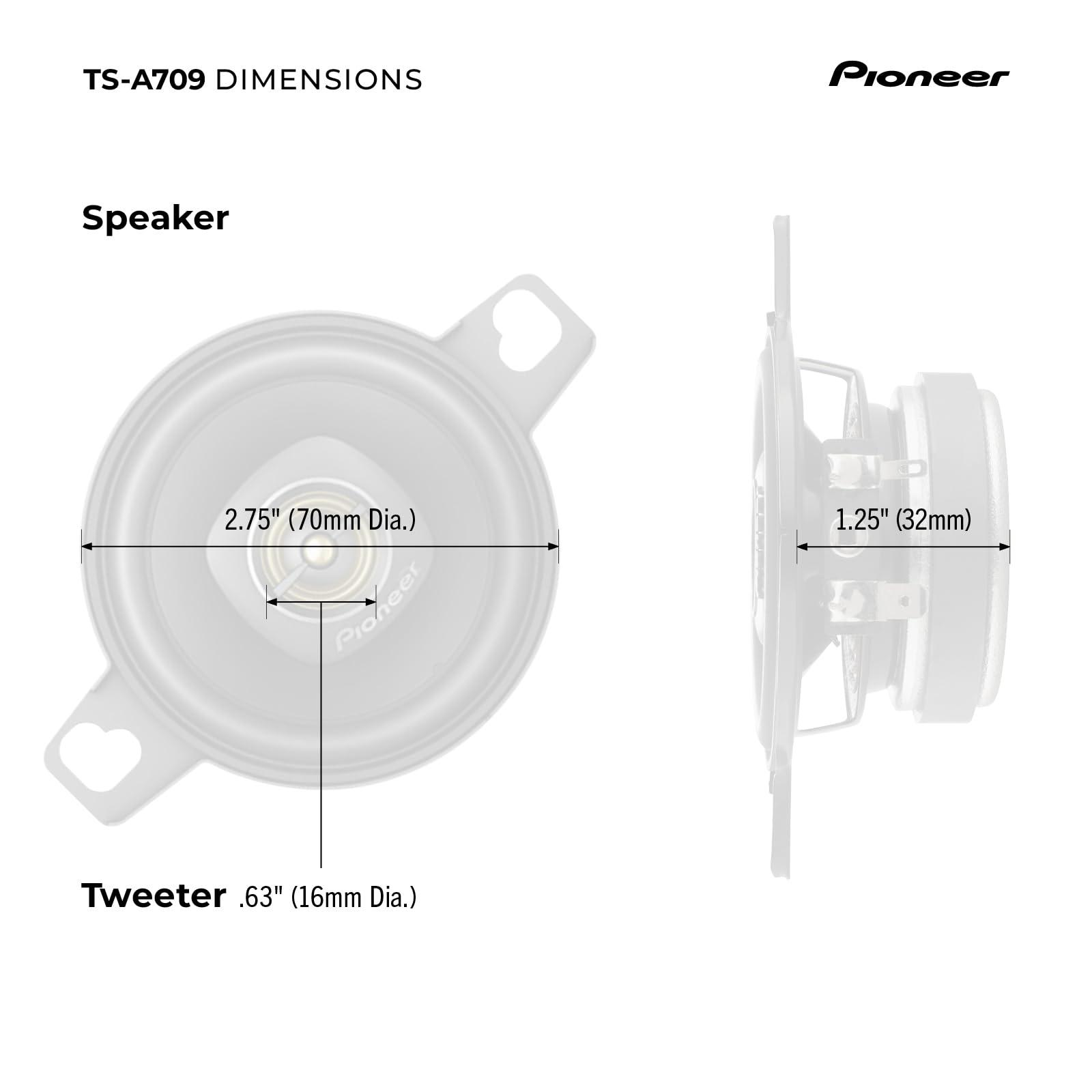 Pioneer Pioneer TS-A709, 2-Way Coaxial Car Audio Speakers, Full Range, Clear Sound Quality, Easy Installation and Enhanced Bass Response, Black and Gold Colored 2.75 Round Speakers
