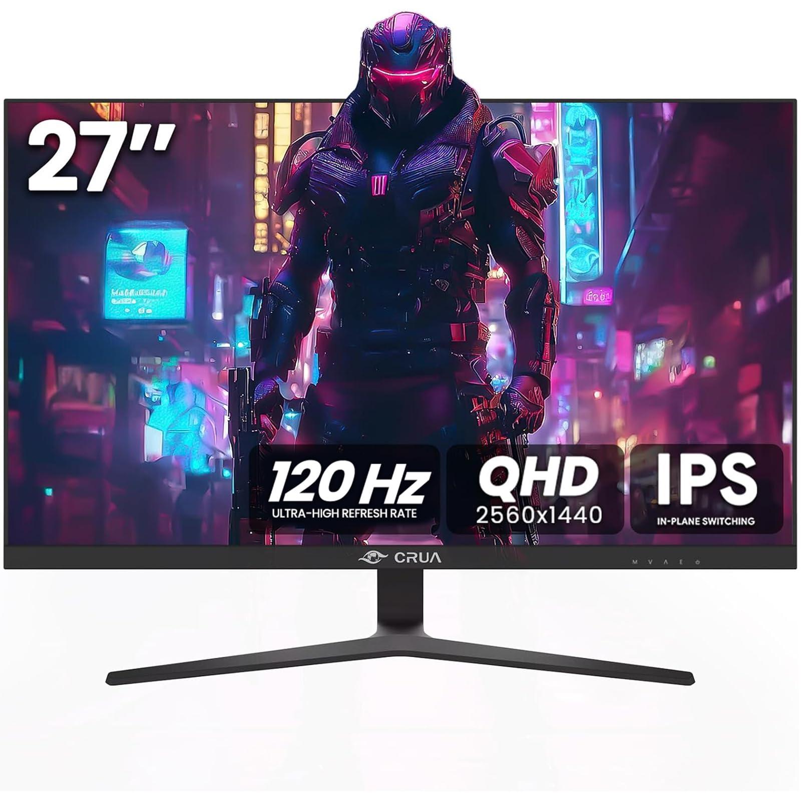 CRUA CRUA 27 Inch Gaming Monitor, QHD 1440P 120Hz IPS Computer Monitor, 99% sRGB, AMD Freesync, HDMI 2.0 & Displayport 1.2, Low Blue Light, Support Wall Mountable Installs/Tilt Adjustable-Black