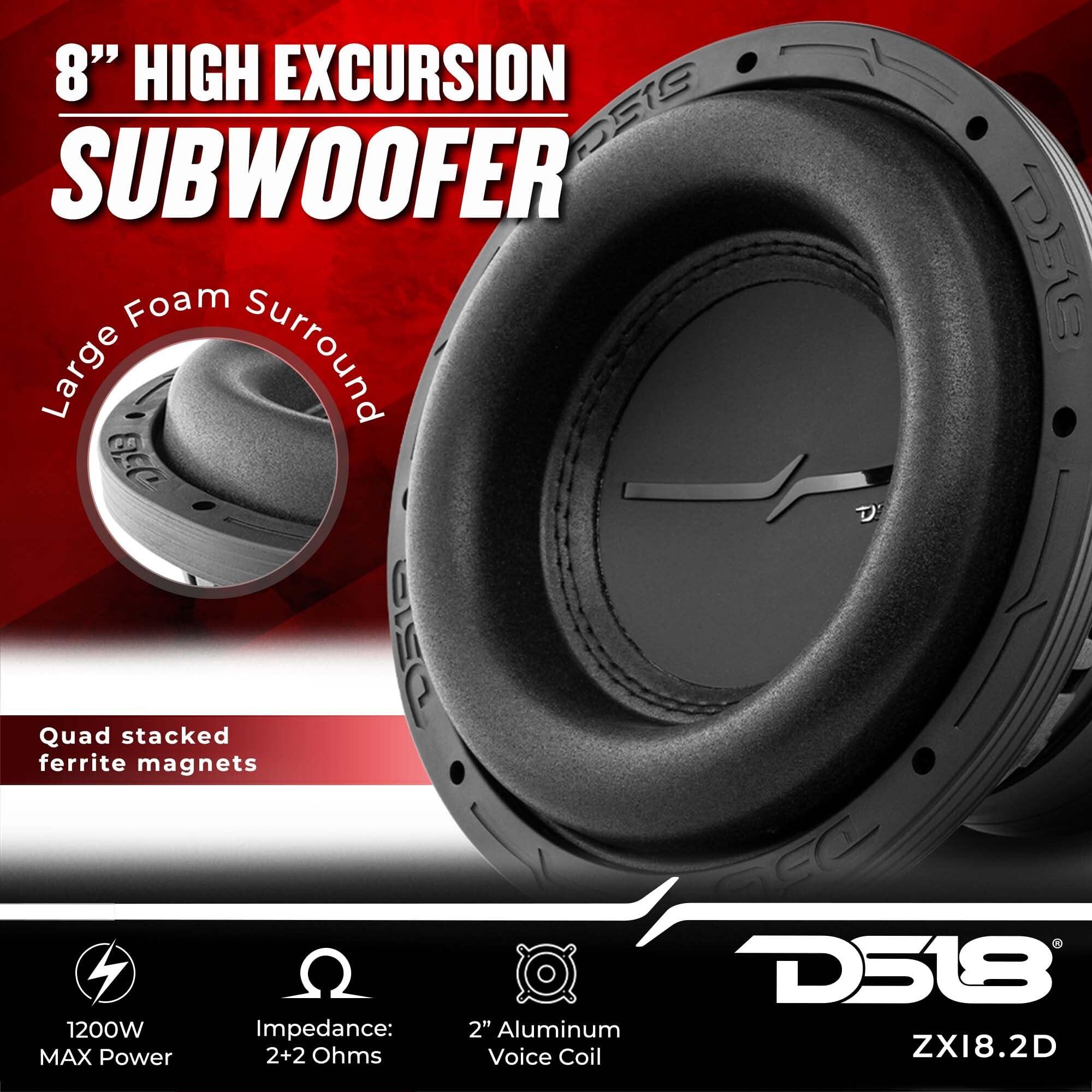 DS18 DS18 ZXI8.2D High Excursion 8" Car Audio Subwoofer 1200W Watts DVC 2-Ohms Quad Stacked Magnets. High Performance Bass for Vehicle Stereo Sound System (1 Subwoofer)