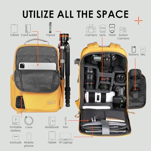TARION TARION Camera Backpack Waterproof Bag - DSLR Camera Bag with 14in Laptop Compartment Rain Cover, Professional Travel Photography Backpack for Photographers, SLR, Camera Lens, TR-L, Yellow