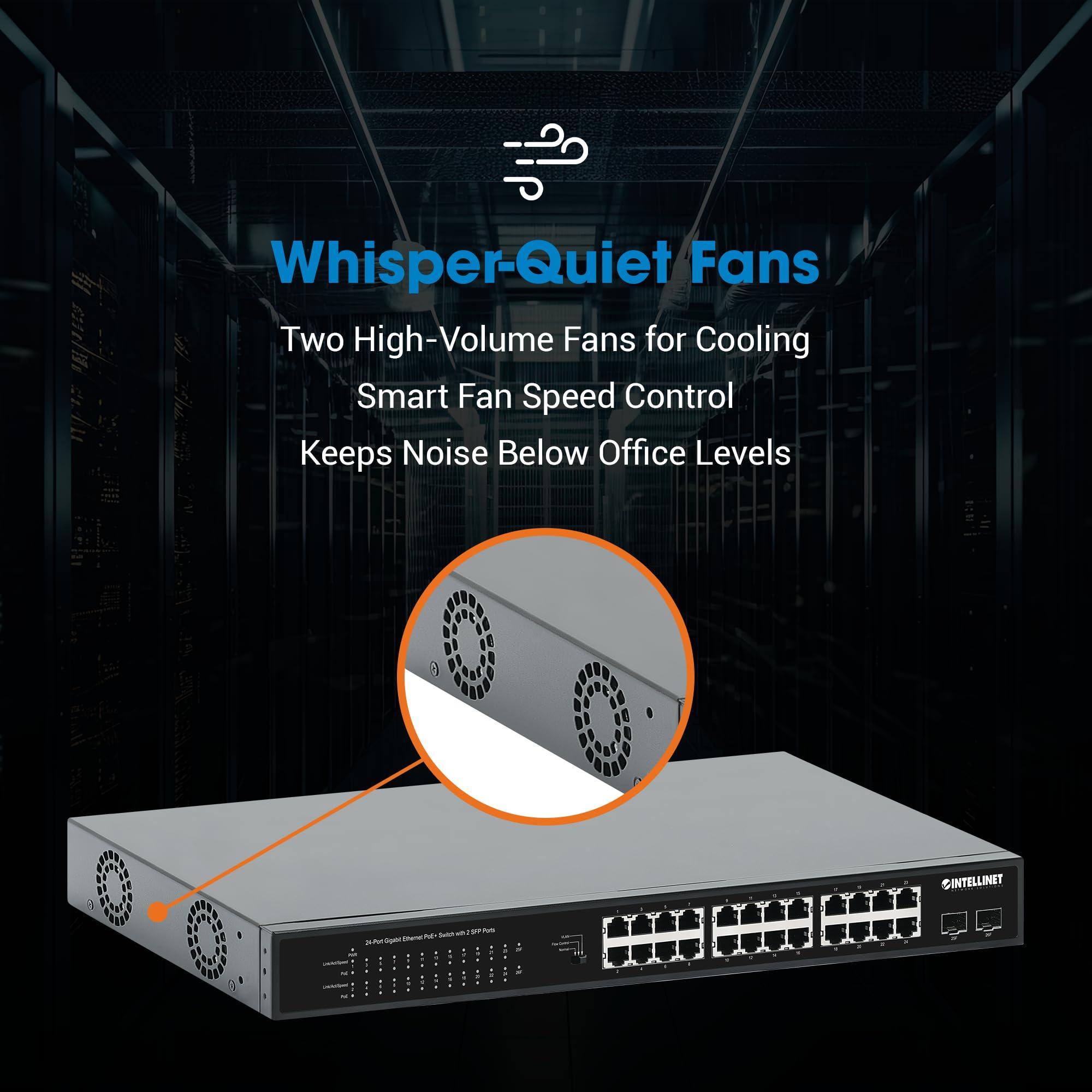 Intellinet Intellinet 24-Port Unmanaged PoE+ Gigabit Ethernet Switch - 370W Power Budget, 2 x 1Gbps SFP Ports, Rackmount/Desktop, Autosensing Ports, Sturdy Metal 3 Yr Mfg Warranty - 561891