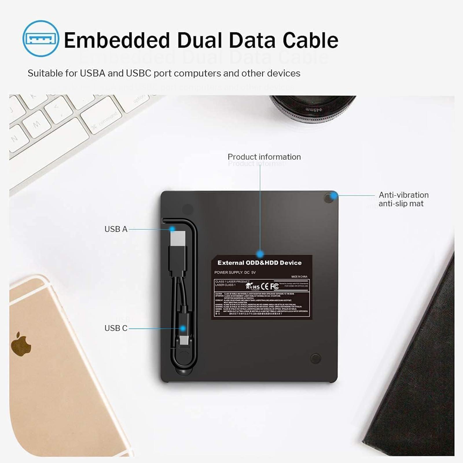 ORIGBELIE ORIGBELIE External DVD Drive, CD Drive USB 3.0 Typle C CD/DVD ROM +/-RW Adapter with USB Port DVD Burner for Laptop PC Desktop Computer, Optical Disk Drive CD Player Compatible with Mac Windows Linux