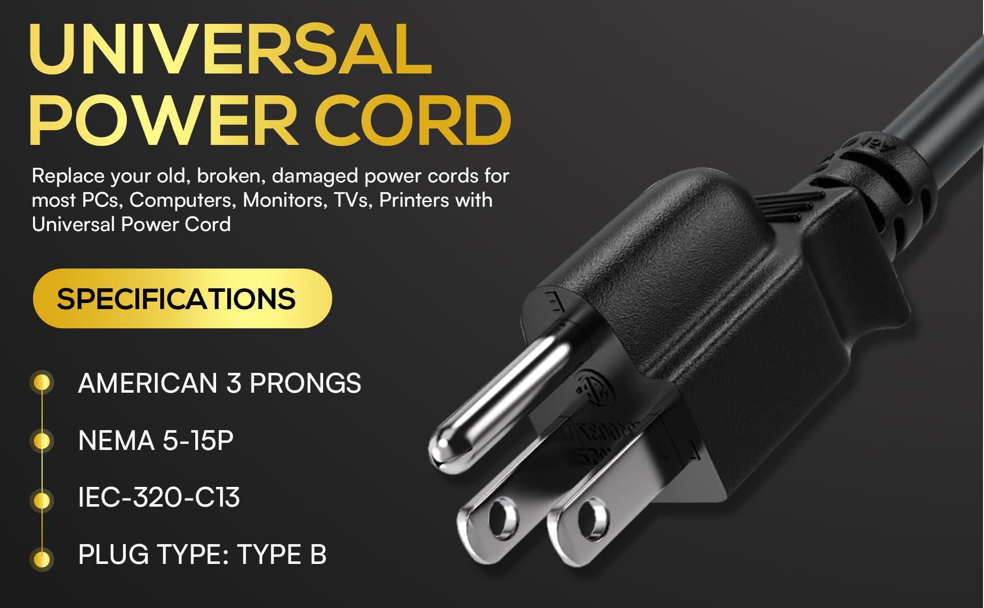 Cable Leader CableLeader 3ft 18 AWG Universal Power Cord IEC320 C13 to NEMA 5-15P, Extension Power Cord, Compatible with Computers, Monitors, Printers & TVs, White