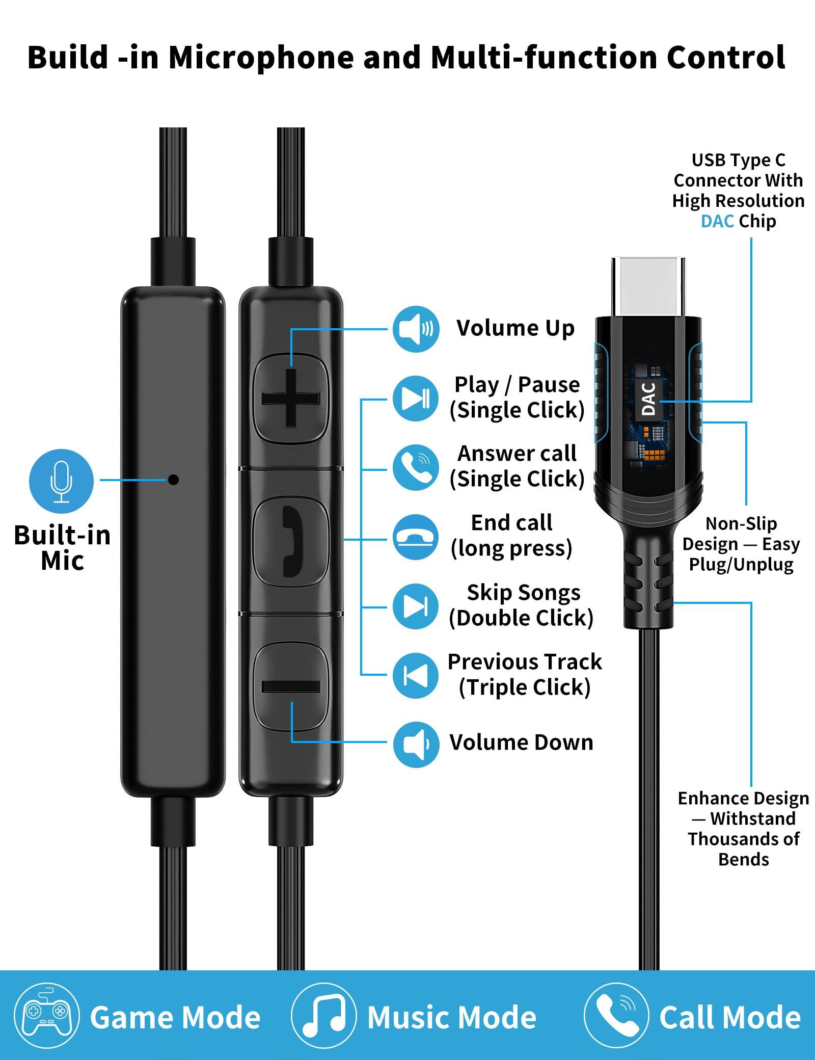 TITACUTE USB C Headphone for Samsung A53 S54 S22 S23 S21 S20 FE Wired Earbuds Magnetic in-Ear Type C Earphone with Microphone Stereo Noise Canceling for Galaxy Z Flip 5 Fold 4 Pixel 7 6 6a 7a OnePlus (Black)