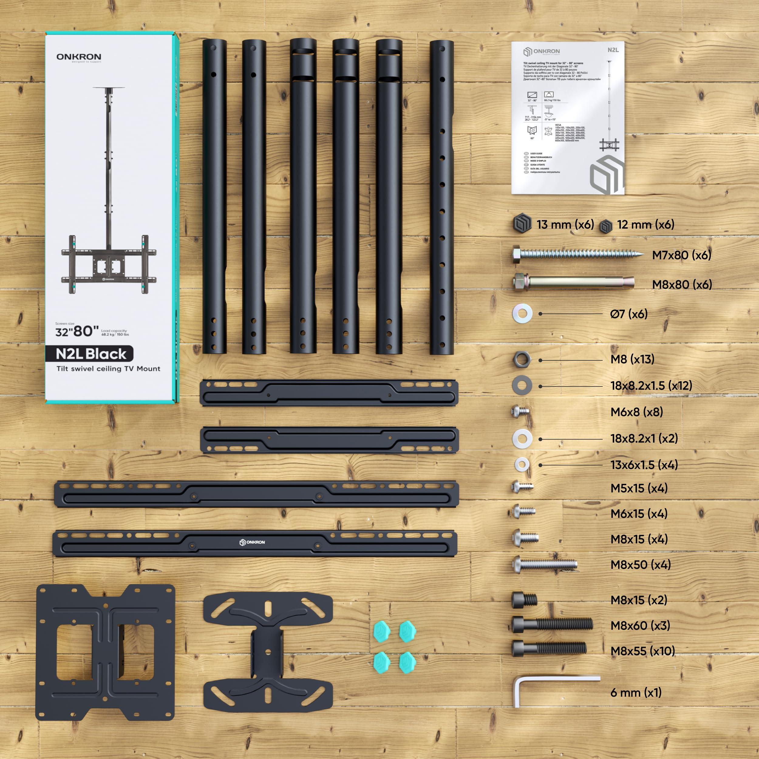 ONKRON ONKRON TV Ceiling Mount for 32-80 Inch Screen up to 150 lbs, Full Motion Ceiling TV Mount Swivel and Tilt max 600x400 VESA Long & Height Adjustable TV Mount Ceiling/Ceiling Mount TV Bracket Black