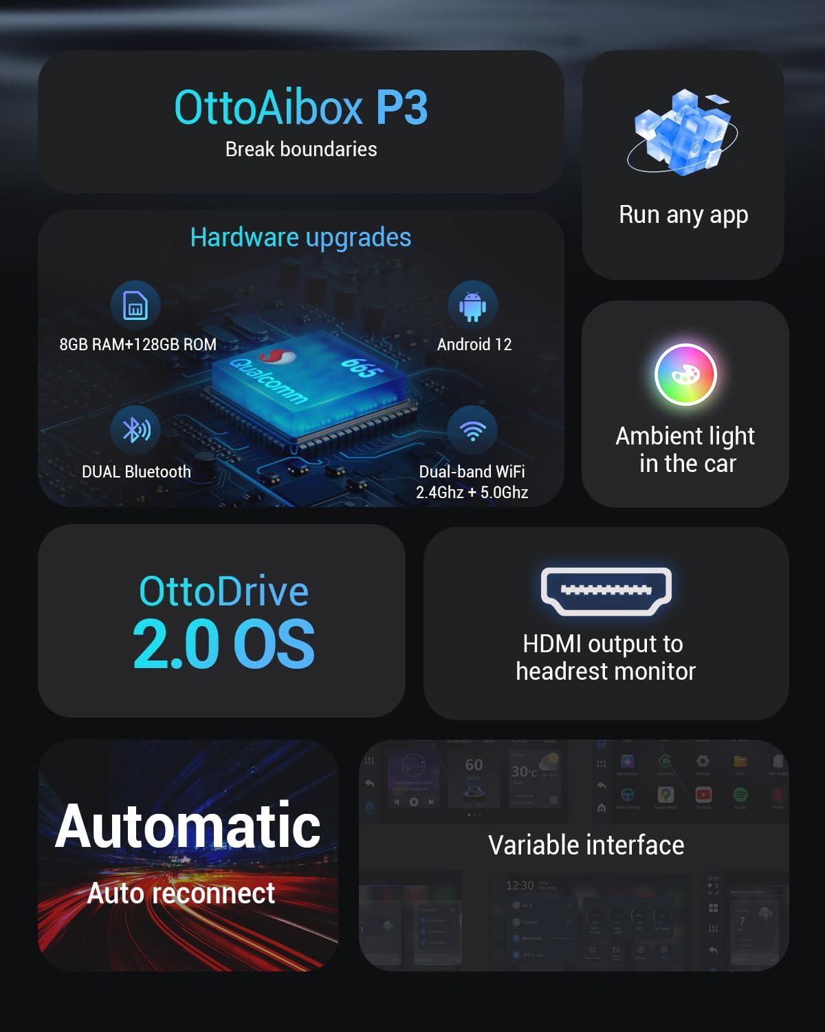 OTTOCAST OTTOCAST P3 CarPlay AI Box - 2025 Android 12.0 CarPlay Video Adapter Wireless CarPlay Android Auto Dongle Support HDMI Output, Watch YouTube Netflix Disney+ Tiktok etc on Car Screen