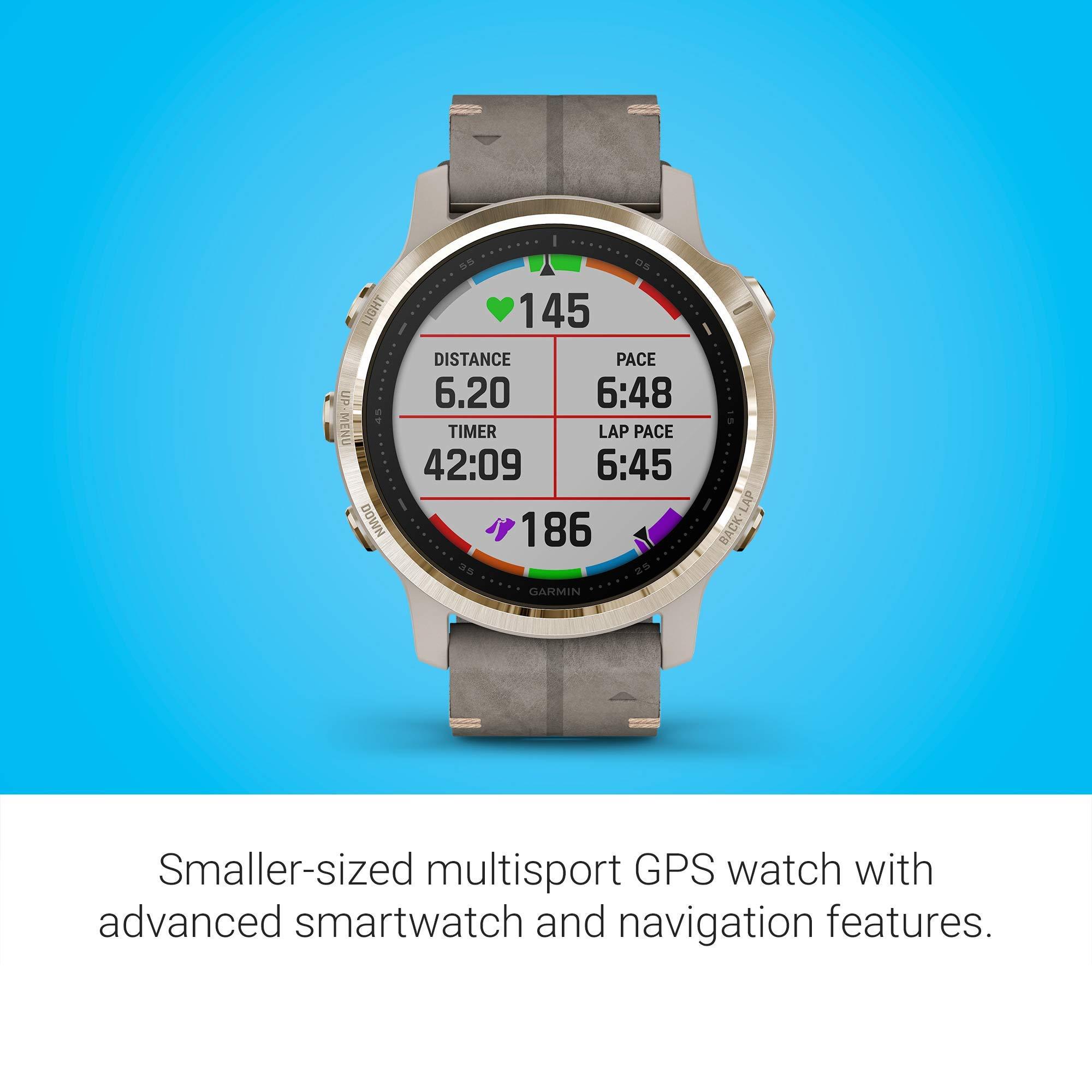 Garmin Garmin Fenix 6S Sapphire, Premium Multisport GPS Watch, Smaller-Sized, features Mapping, Music, Grade-Adjusted Pace Guidance and Pulse Ox Sensors, Light Gold with Gray Leather Band (Renewed)