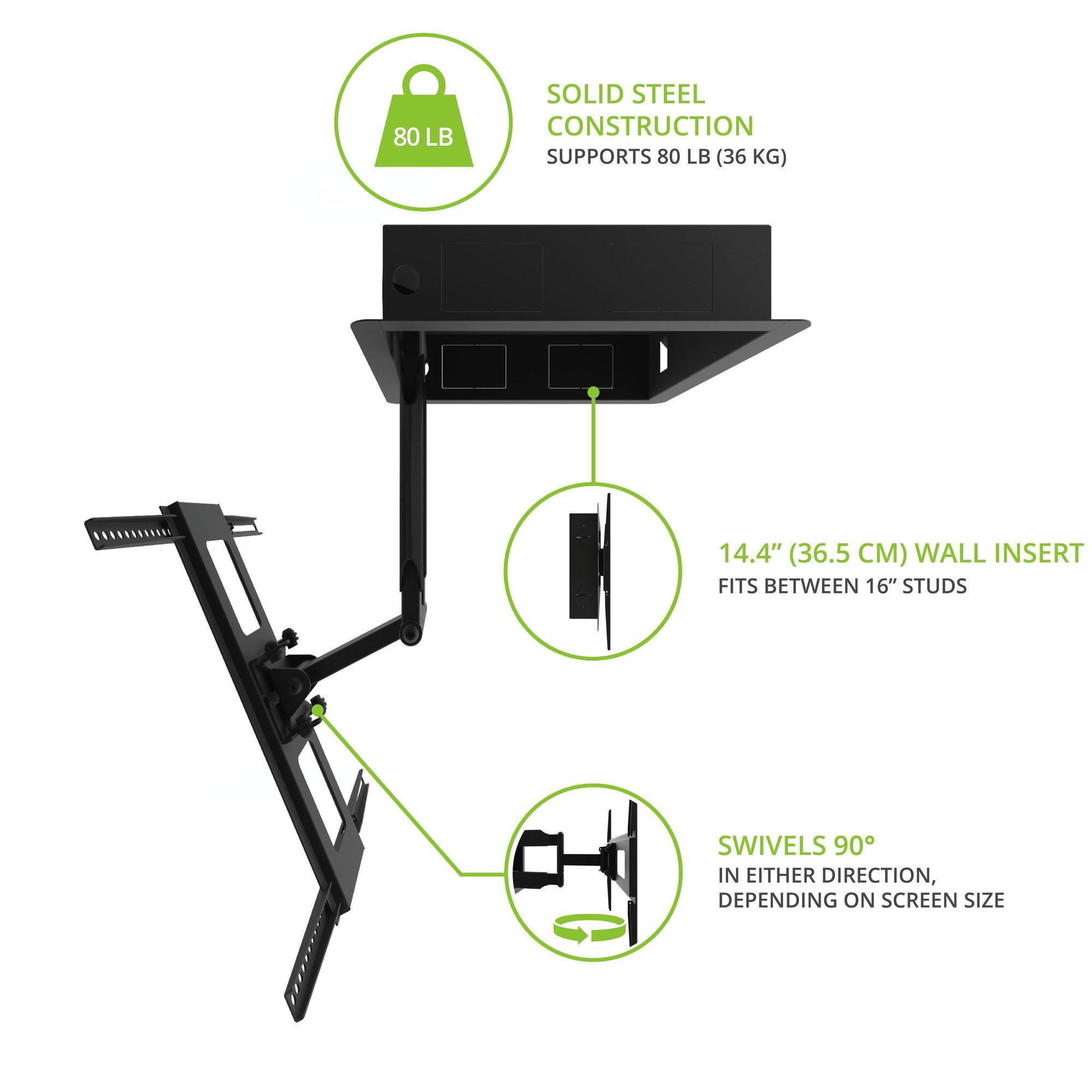 Kanto Kanto R300 Recessed In-Wall Full Motion Articulating TV Mount for 32-inch to 55-inch TVs | Ultra Low Profile | Swivel and Tilt Capable | Cable Management for Clean Setup | Black