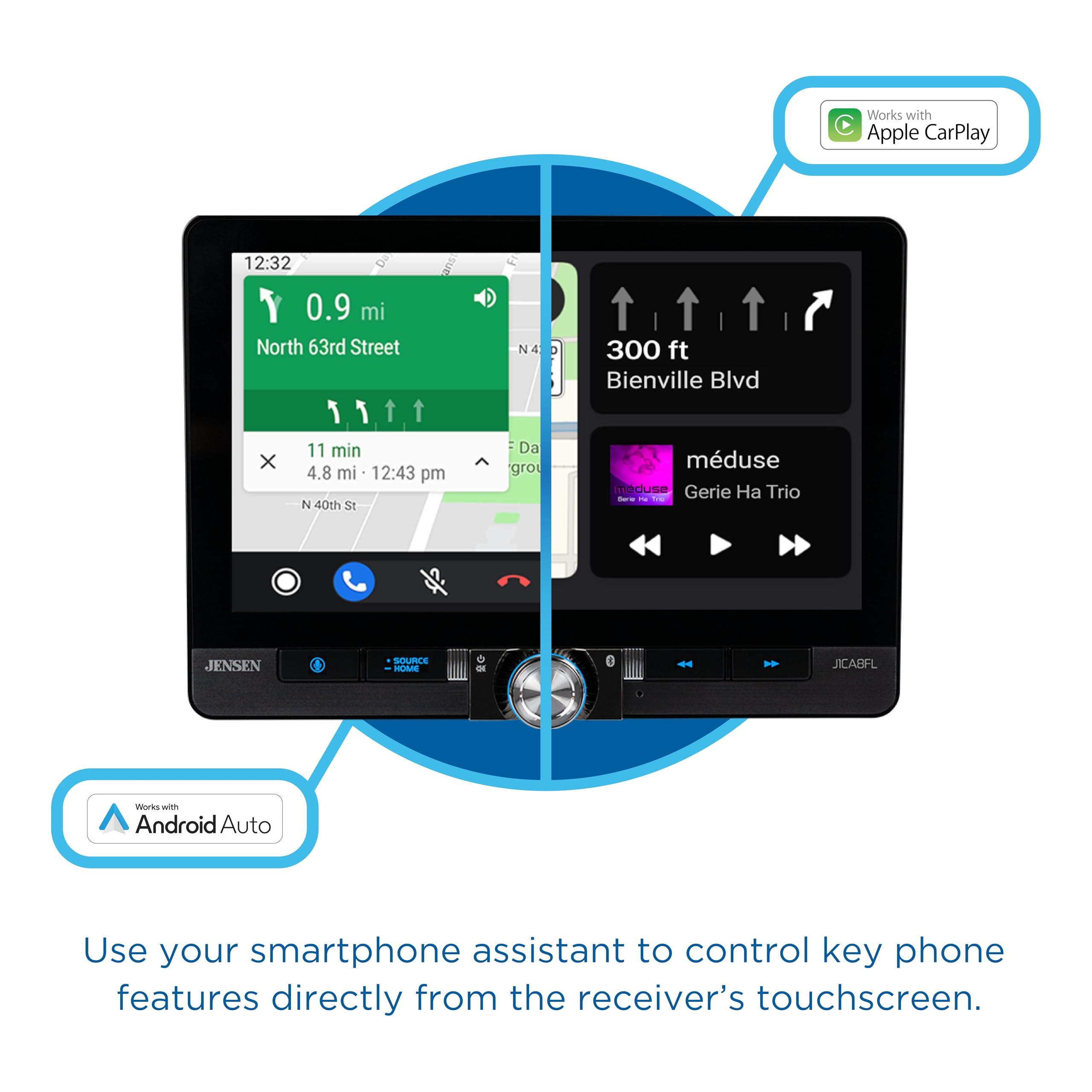 Jensen Jensen J1CA8FL-BUC 8-inch Certified Apple CarPlay Android Auto Wired or Wireless | Single DIN and Double DIN Touchscreen Car Stereo Radio | Bluetooth | USB Charge | Backup Camera Included