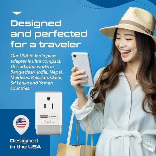 Ceptics Ceptics US to India Plug Adapter, Type D Plug Adapter QC 3.0 & PD, Safe Dual USB & USB-C 18W, India Plug Adapter Fast Charging - Powerful 2 USA Sockets - Use in Pakistan Nepal Sri Lanka - AP-10