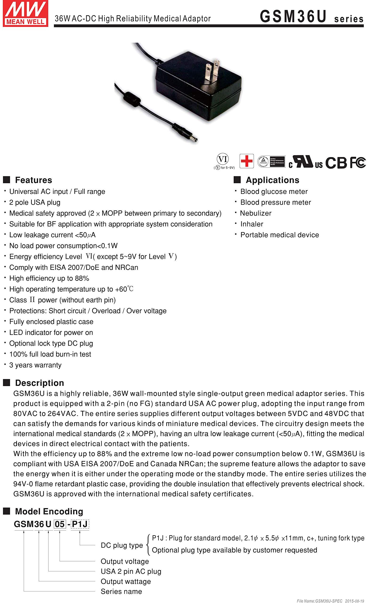 MEAN WELL MEAN WELL GSM36U24-P1J 24V 1.5A 36W AC-DC High Reliability Medical Adaptor