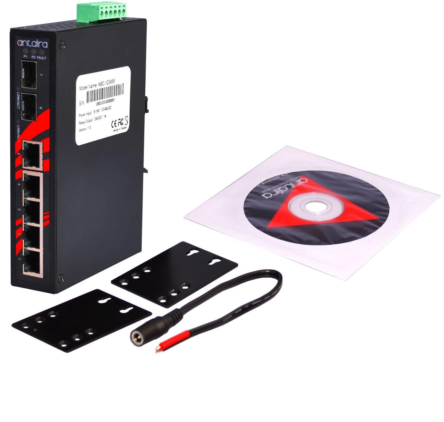 Antaira Technologies Antaira LNX-0702C-SFP Industrial-Grade 7-Port Unmanaged Fast Ethernet Switch, 2 SFP Slots, DIN-Rail Mount, -10 to 70C Operating Temperature, Redundant 12 to 48 VDC Power Input