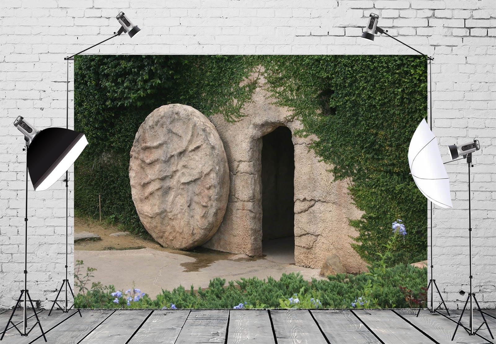 BELECO BELECO 10x8ft Fabric Tomb of Jesus Backdrop Empty Stone Tomb Crucifixion of Jesus Christ Resurrection of Jesus Christian Background Church Sanctuary Decoration Poster Photography Studio Props