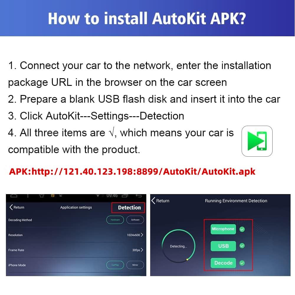 Carlinkit CarlinKit Wireless CarPlay USB Adapter Only Compatible with Android car radios. only for Android Version 4.4.2 or Above. APK Must be Successfully Installed Before use. Model:CPC200-CCPA