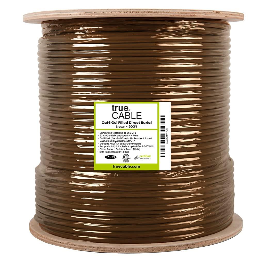 TRUE CABLE trueCABLE Cat6 Direct Burial, Gel Filled, 500ft, Brown, Waterproof, CMX, 23AWG Solid Bare Copper, 550MHz, PoE++ (4PPoE), ETL Listed, Unshielded UTP, Bulk Ethernet Cable