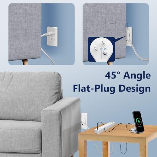 LIDER LIDER Outlet Extender with 4 Receptacles, USB Type-A and 2 USB Type-C, Ultra-Thin Flat-Plug with Cord Extender, 4-Outlet Power Strip, Slim Angled Design, Surge Protector, 720 Joules, 5ft Cord, White