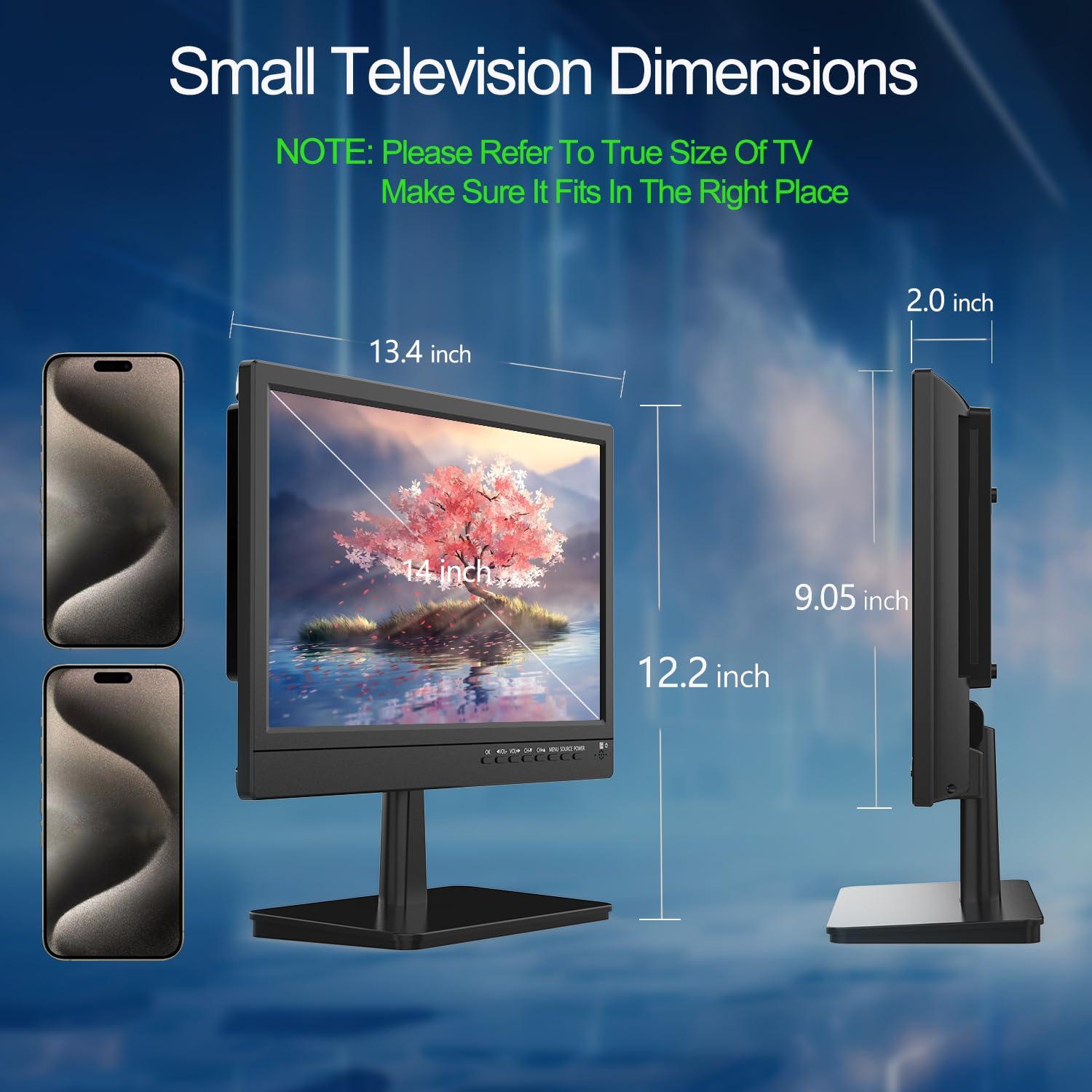 Feihe Feihe 14 inch Small Flat Screen Kitchen TV with Antenna ATSC Tuner/USB/HDMI/AV/VGA, Built-in TV Stand and Remote Control for Car,RV,Camping,Outdoor or Office