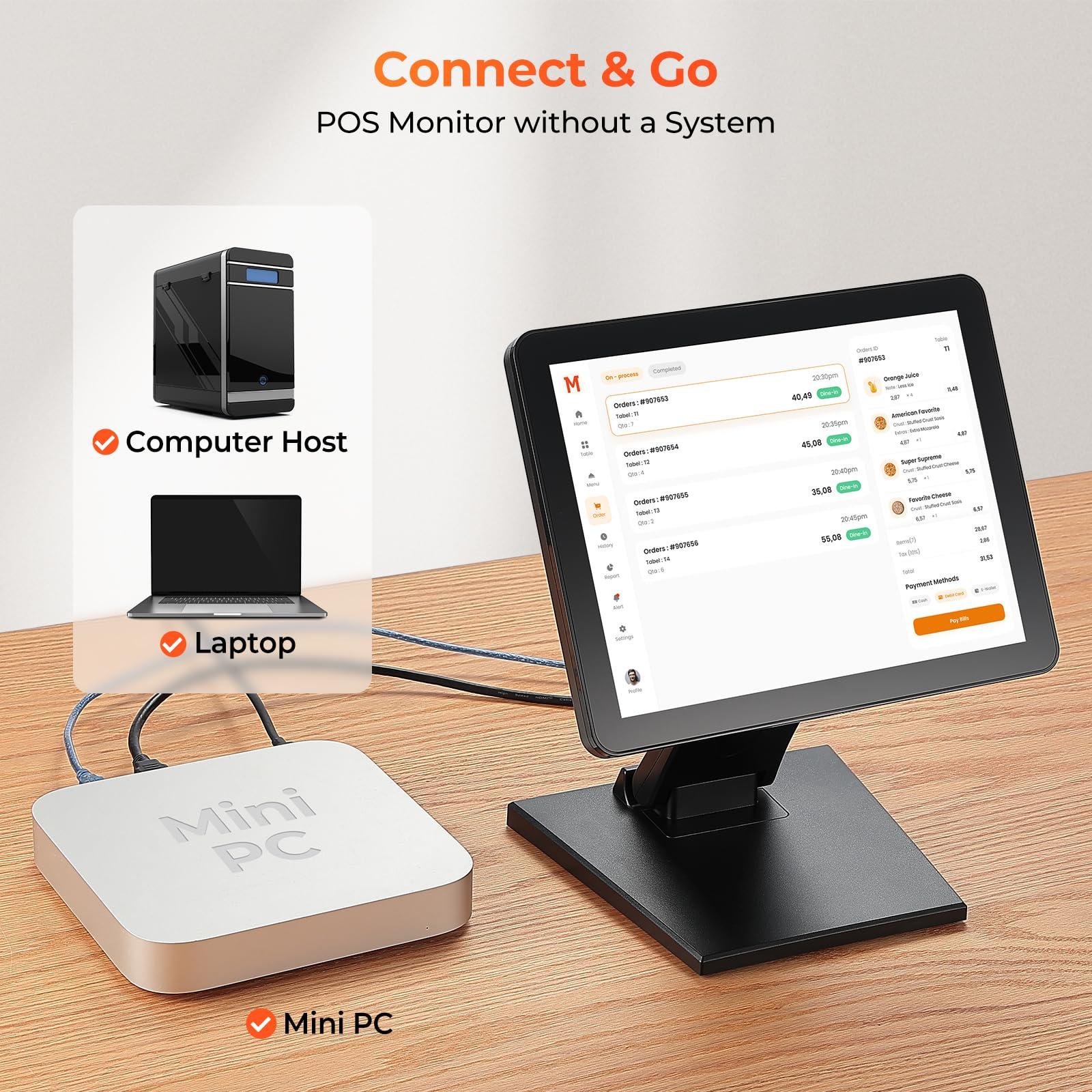 MUNBYN MUNBYN 12-inch POS Touchscreen Monitor, LED POS Monitor, HDMI/VGA Capacitive Screen Display, Foldable Stand POS Touch Screen Monitor for Retail, Restaurant, Bar, Small Business, No Driver Required