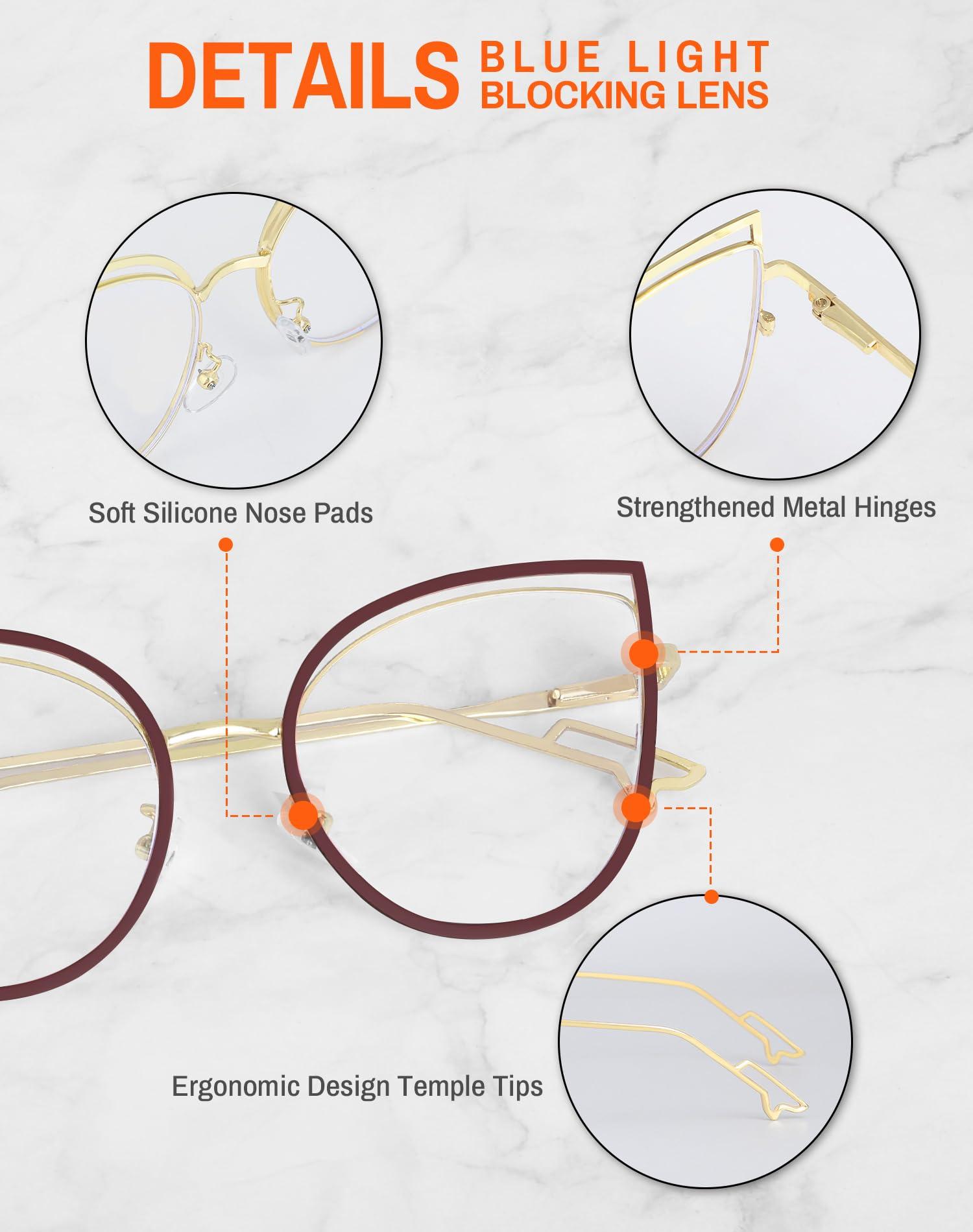 ROWCHIC ROWCHIC Blue Light Blocking Glasses for Women Stylish Cat Eye Metal Frame Anti Eyestrain UV Eyewear Brown Gold