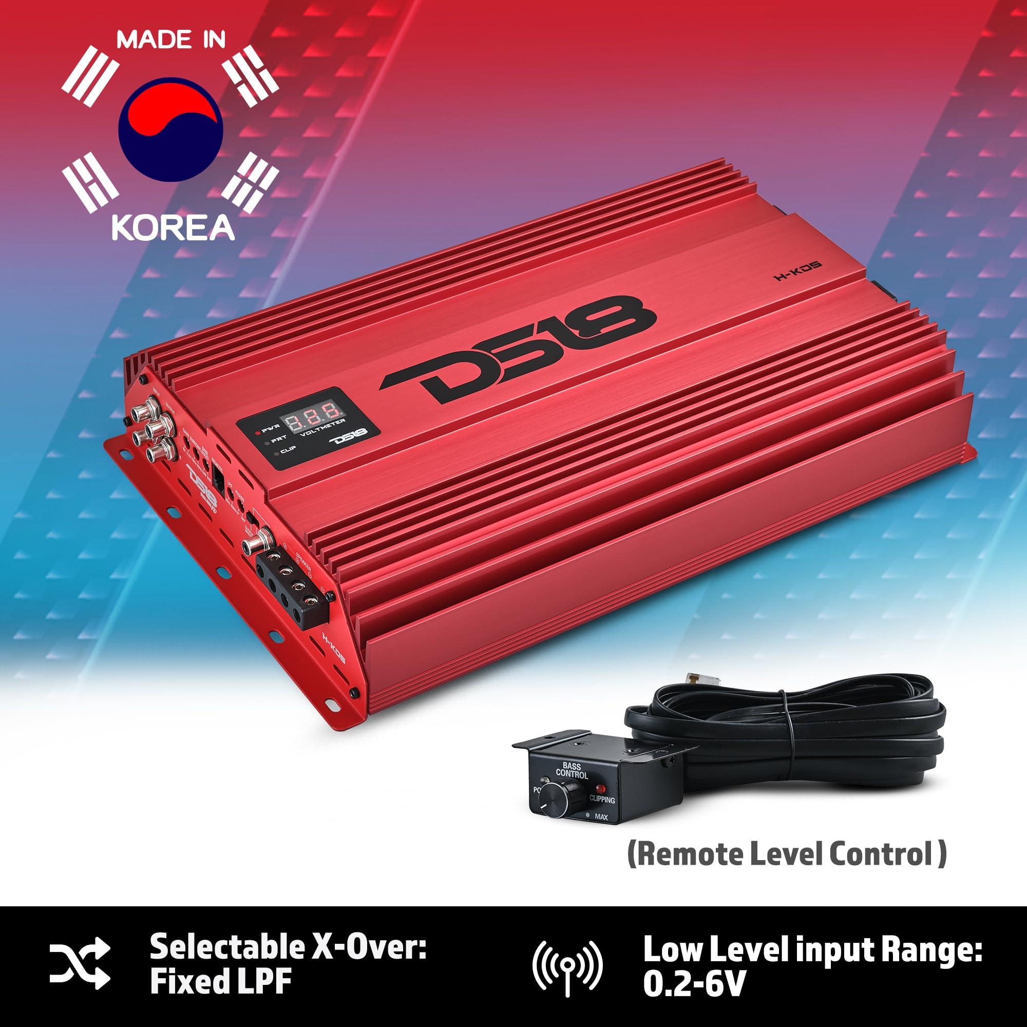 DS18 DS18 H-KO5/RD Korean Half Bridge 1-Channel Monoblock Amplifier with Voltmeter and Clip Indicator, 5000 Watts Rms - Remote BASS Knob Included