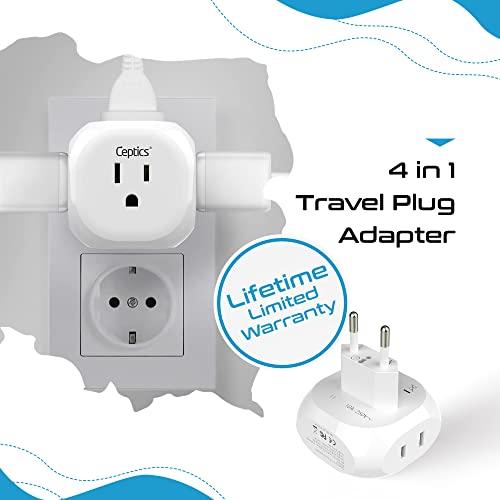 Ceptics Ceptics European Travel Plug Adapter Europe Power Adaptor Charger 4 Input - Ultra Compact - Light Weight - USA to Any Type C Countries Such as Italy, Iceland, Austria and More - 2 Pack (PT-9C)