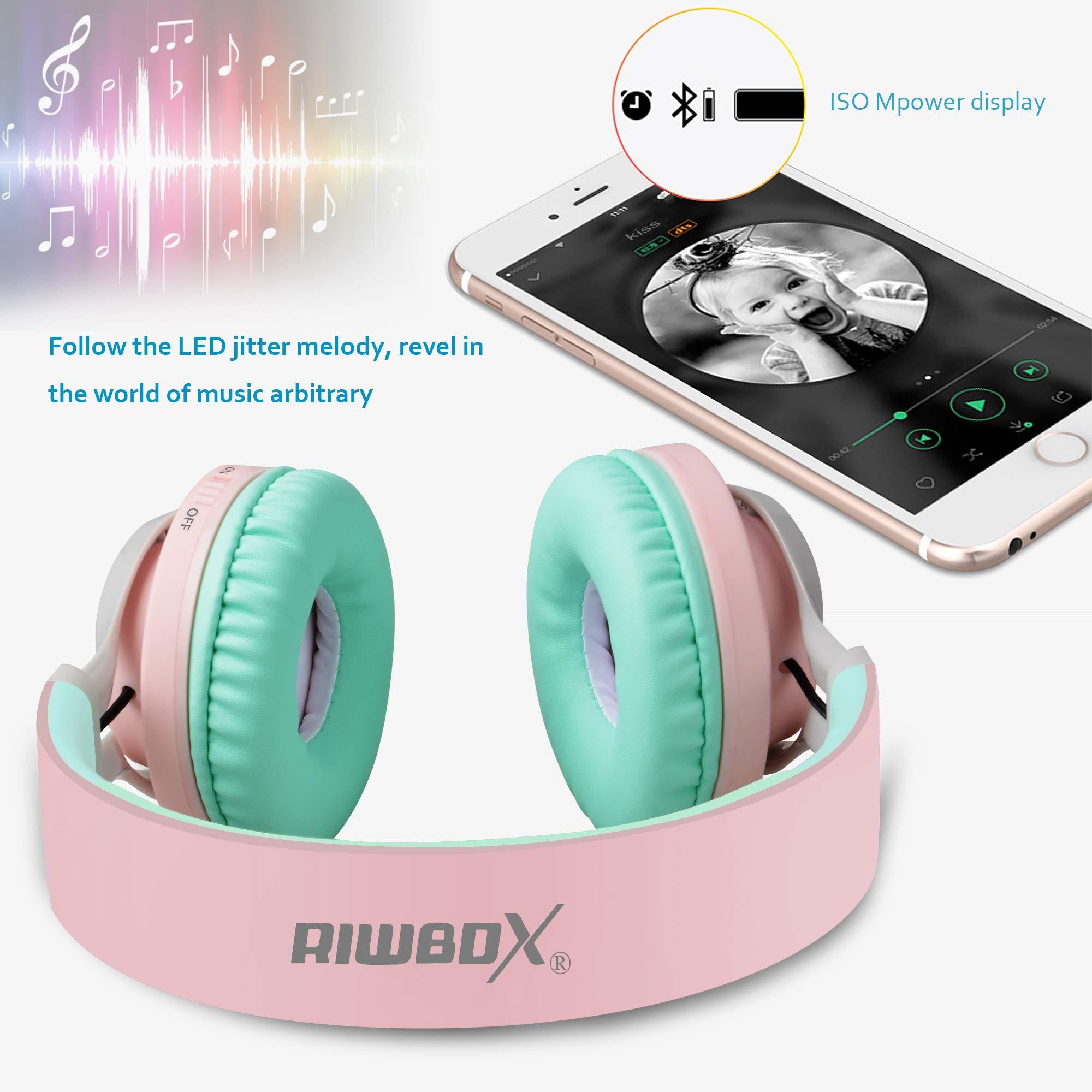 Riwbox Riwbox WT-7S Bluetooth Headphones Light Up, Foldable Stero Wireless Headset with Microphone and Volume Control for PC/Tablet/TV/Travel (Pink Green)