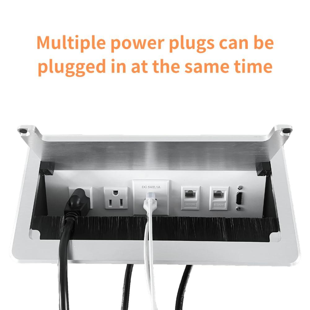 ZESHAN ZESHAN Conference Table Power hub Conference Table connectivity Box with 45 Degree Angle Convenient Plug-in Socket, Power Fully Enclosed Bottom Box Power Socket, USB, Type C, HDMI, RJ45, Silver