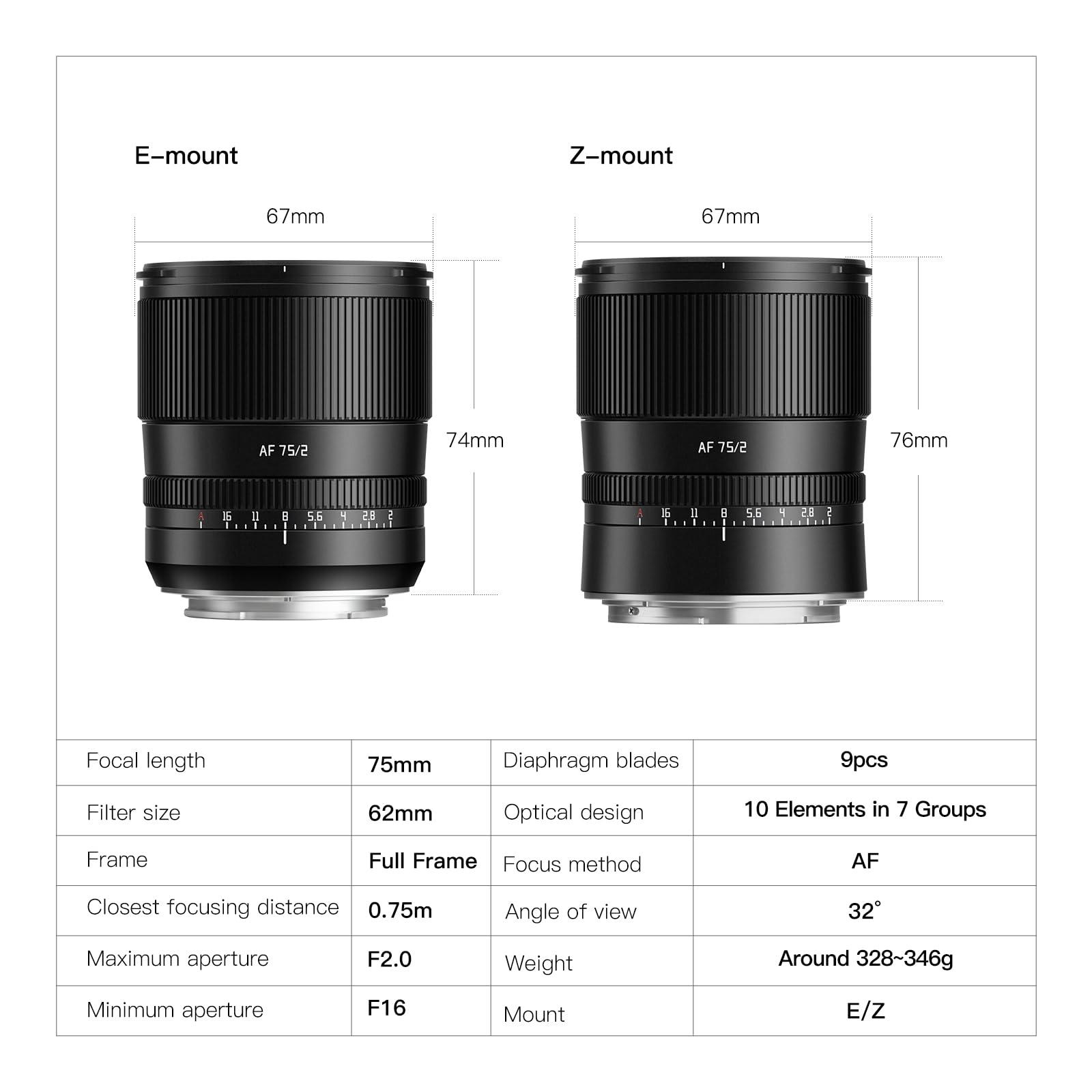 TTARTISAN TTArtisan AF 75mm F2 Portrait Lens Auto Focus Full Frame Prime Lenses for Nikon Z-Mount Z5 Z6 Z7 Z6II Z6III Z7II ZFC Z30 Z50 Z9 Z8 ZF