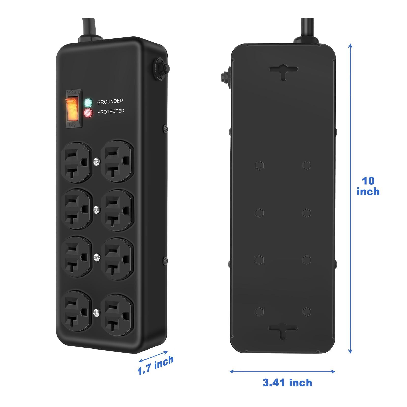 HEZI 20Amp Power Strip Surge Protector, Durable Metal 8-Outlet with Heavy Duty 20 Amp 10Ft 12 Gauge Extension Cord, for Garage, Workshop & Industrial Use with 6-20R T-Slot Outlets, 4800J