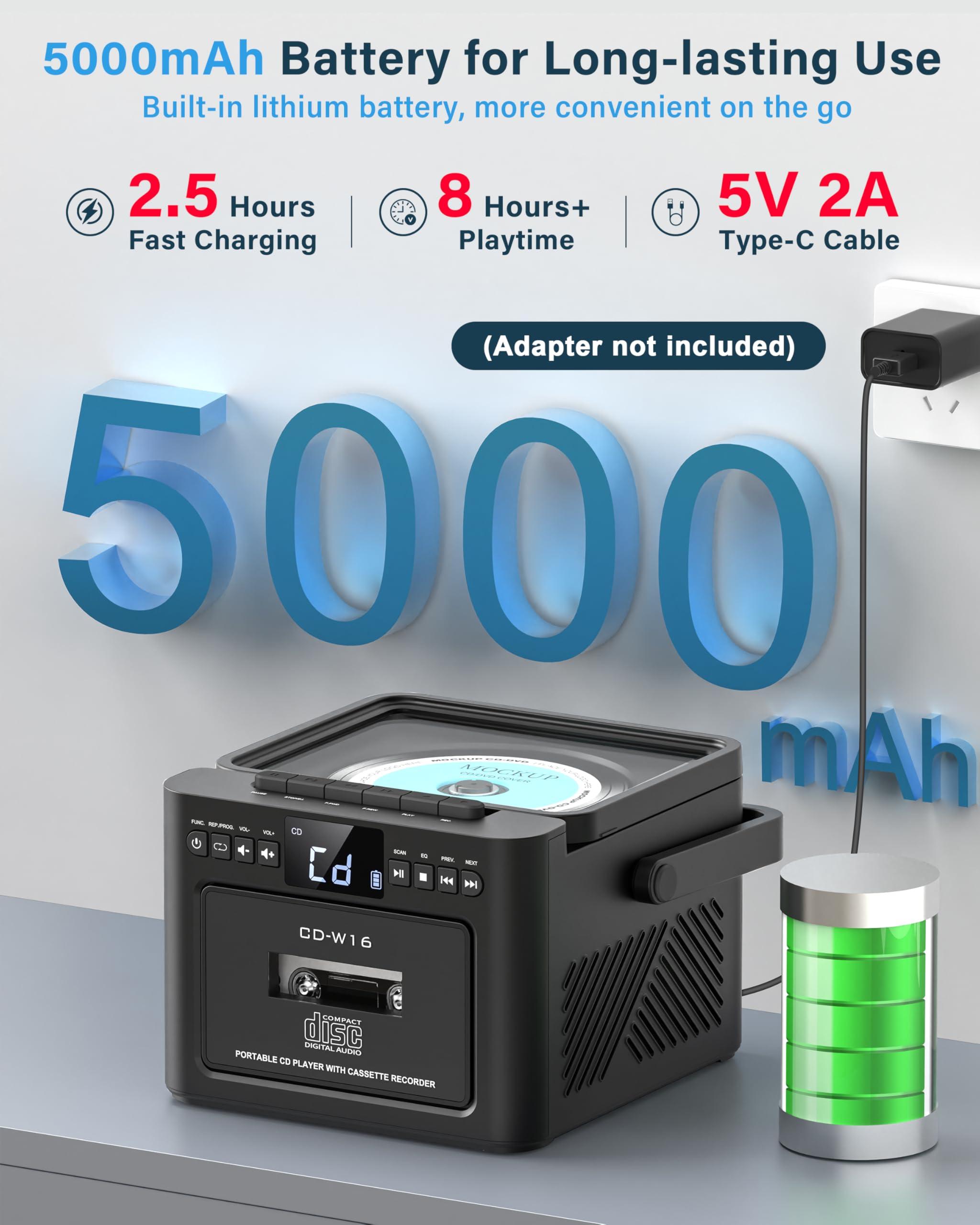 Greadio Greadio Boombox CD and Cassette Player Combo, 5000mAh Rechargable CD Player Boombox with Bluetooth Receive/Transmit/FM Radio/USB/TF/AUX/Remote Control, Boom Box CD Cassette Player for Home Outdoor