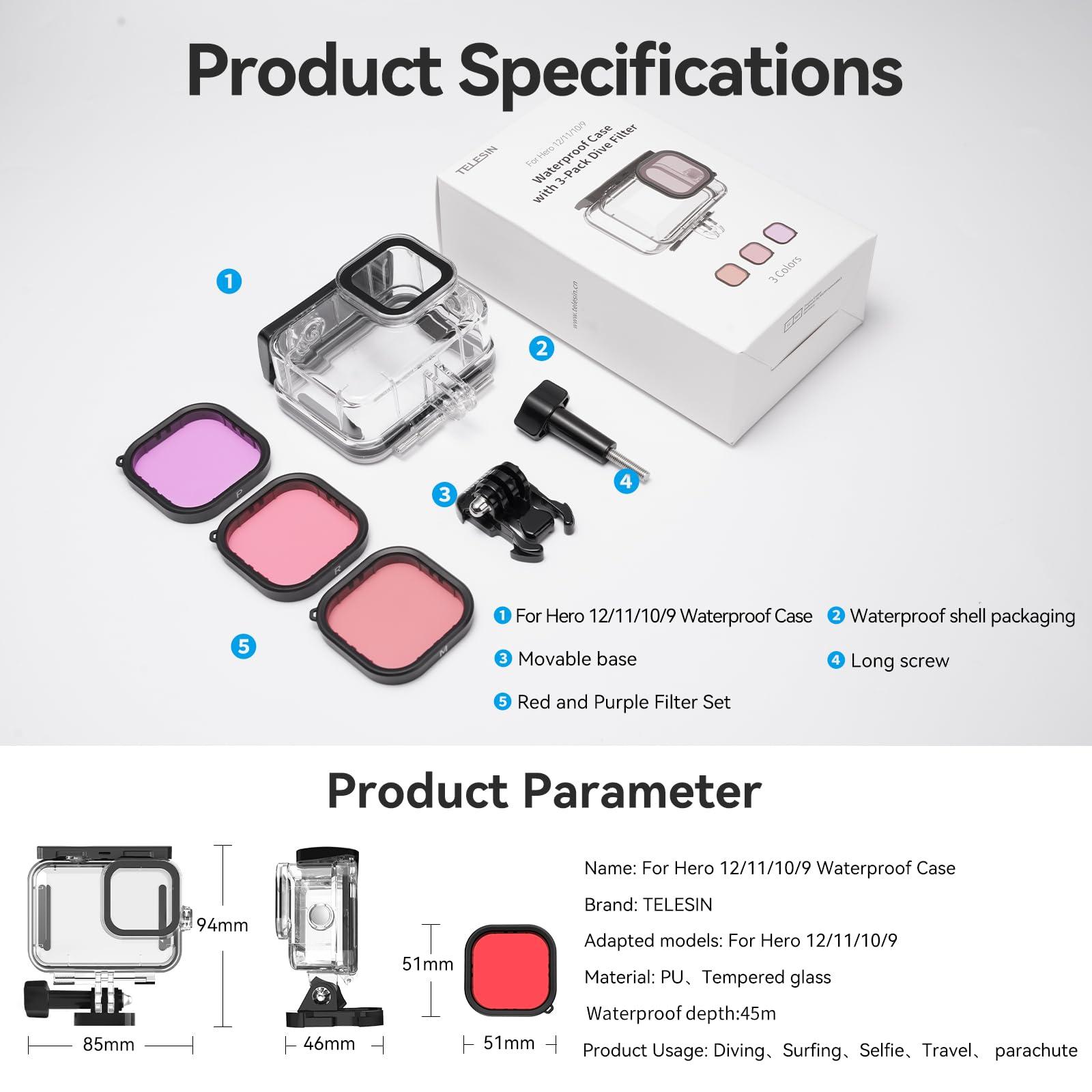 TELESIN TELESIN Waterproof Case with 3-Pack Dive Filter for GoPro Hero 13 Hero 12 Hero 11 Hero 10 Hero 9 Black Supports 60M/196FT Underwater Scuba Snorkeling Deep Diving with Red Magenta Filter Go Pro