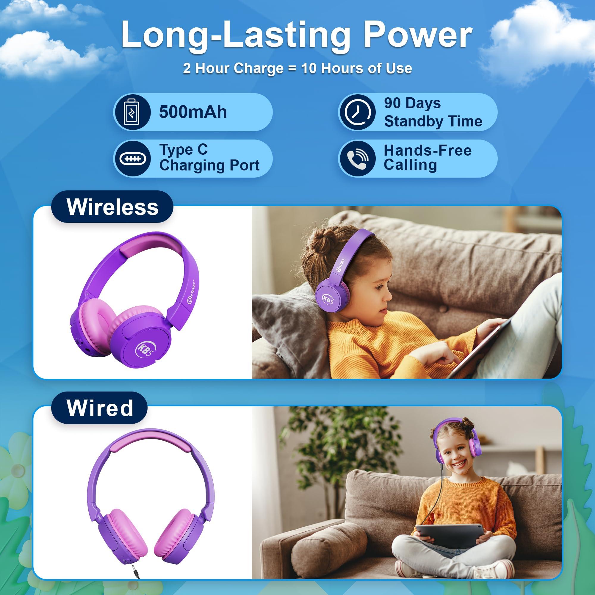 Contixo Contixo KB5 Kids Bluetooth Headphones - Wireless Over-Ear Foldable Headphones with Volume Limiter (85dB), Built-in Microphone, Adjustable & Comfortable Design for Boys & Girls - Purple + White
