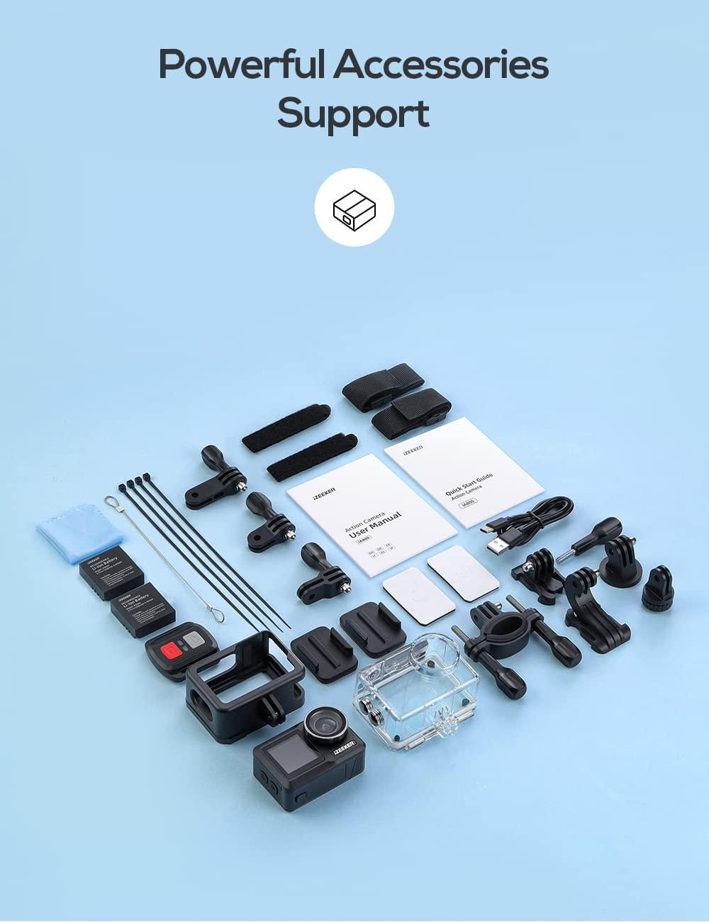 iZEEKER iZEEKER Action Camera 4K 60FPS with Touchscreen, 40M Underwater Camera Waterproof, Dual Screen Vlog Camera with EIS, WiFi, Remote Control with 2X 1350mAh Batteries, Battery Charger and Accessory Kit