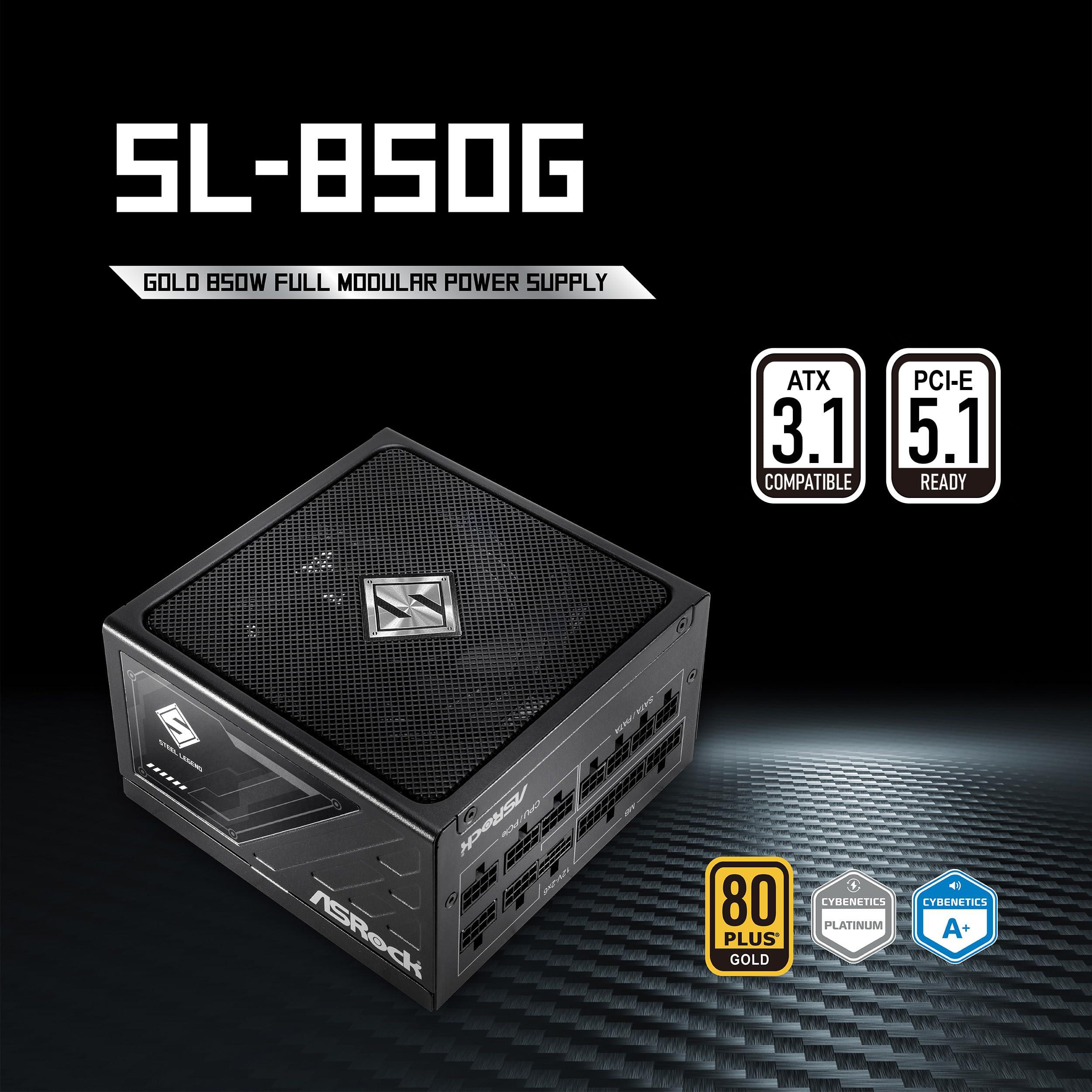 ASRock ASRock Steel Legend SL-850G 850W 80 Plus Gold & Cybenetics Platinum Full Modular Power Supply ATX3.1 PCIe5.1 Ready with Dual Color 12V-2x6 Cable 10 Years Warranty 135 mm FDB Fan Japanese Capacitor
