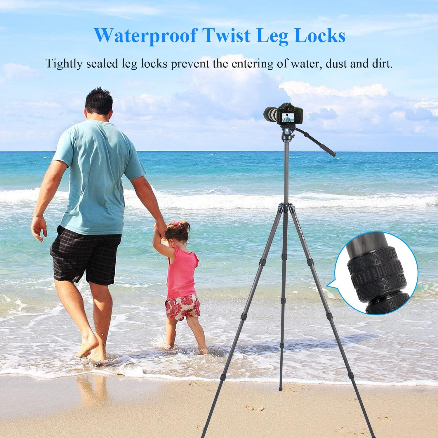 Sirui SIRUI Professional Carbon Fiber Tripod with 360Fluid Video Head, 72.6 Waterproof Video Camera Tripod with Triangular Center Column, Large Tube for DSLR, Camcorder, Load 13.2lbs (ST-224+VH-10)