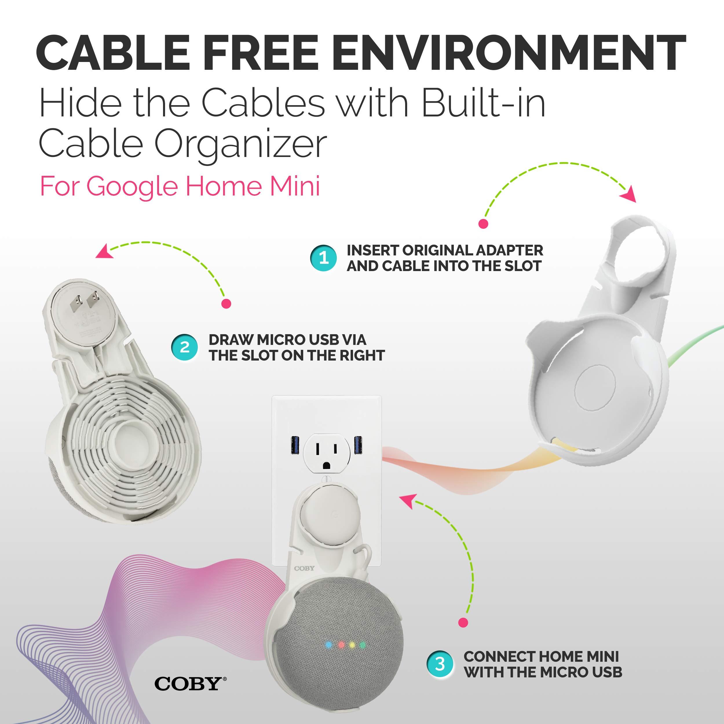 Coby Coby Wall Outlet Mount Holder for Google Home Mini, Smart Speaker Device Accessory with Cable Cord Plug Management - White