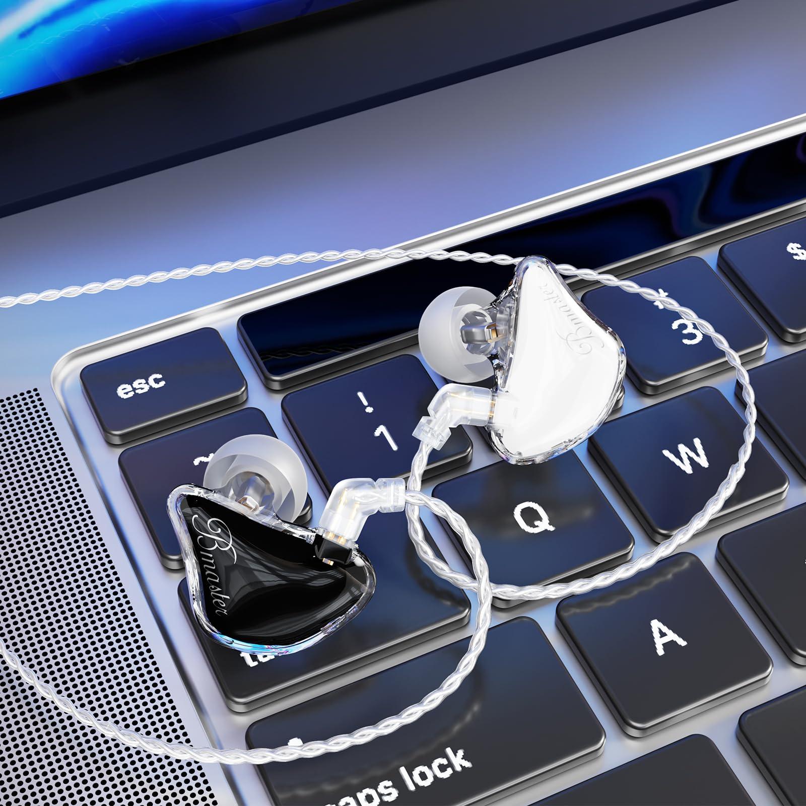 BASN BASN Bmaster Triple Driver in-Ear Monitors Headphones with Powerful Deep Bass, HiFi Stereo IEM Earphones with Upgraded Detachable 2-Pin Cables for Musicians (White/Black, 2-Pin)