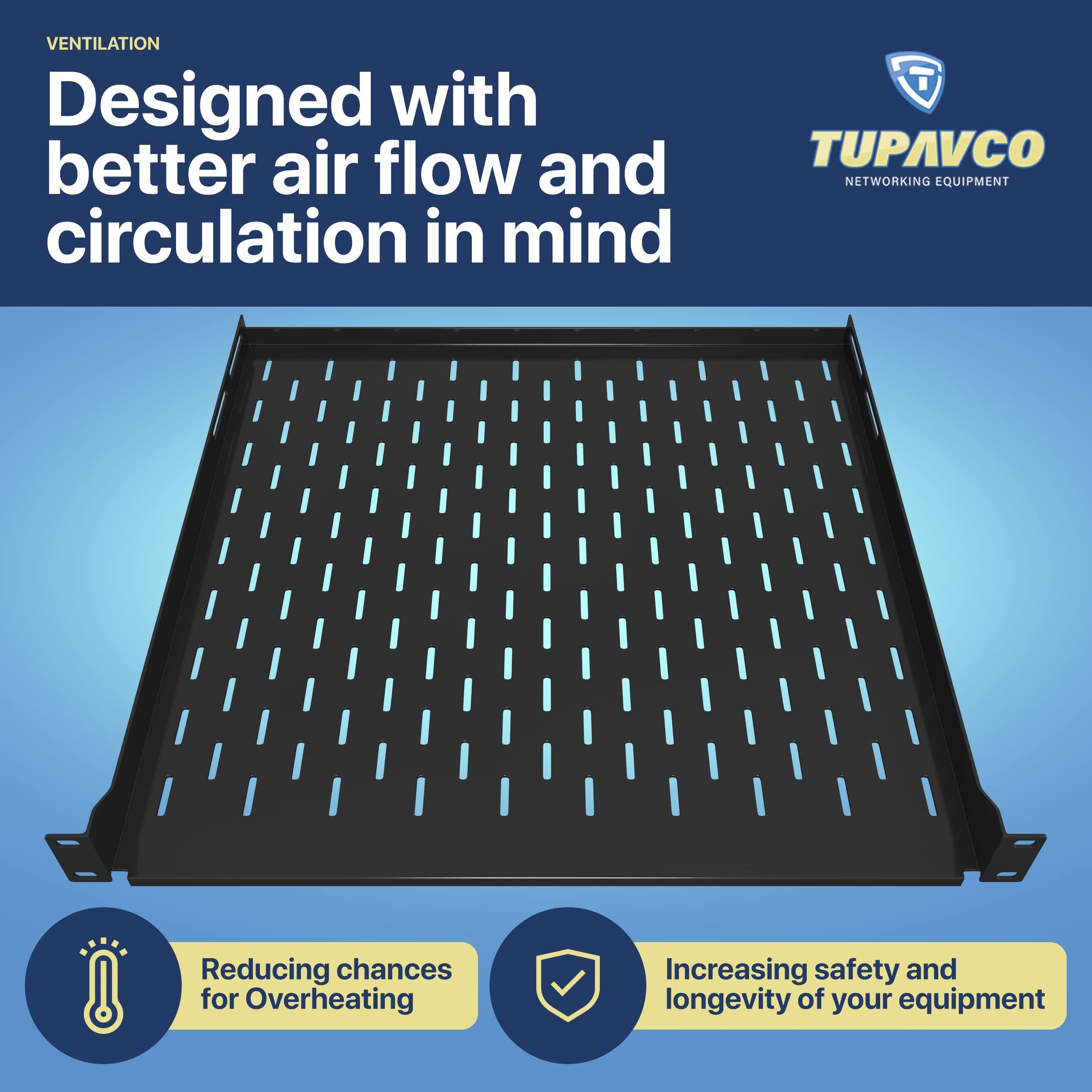 Tupavco 1U Server Rack Shelf - 19" Rackmount Tray - 17.7" (450mm) Deep 4-Post Fixed Mount for Computer Network/AV/IT Equipment Cabinet Enclosure - Vented for Maximum Airflow (Black) - Tupavco TP1711