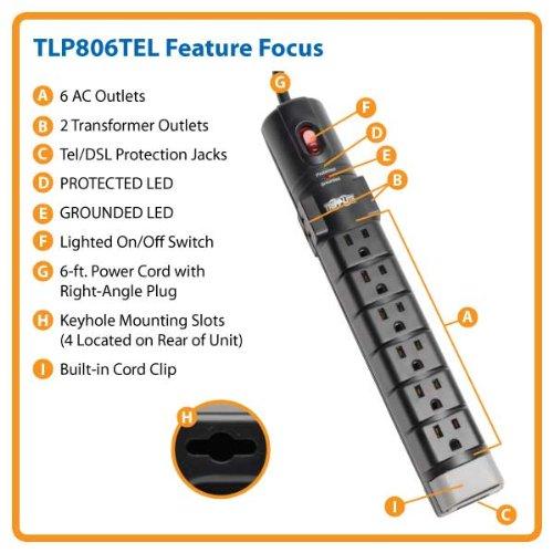 Tripp Lite Tripp Lite 8 Outlet Surge Protector Power Strip, 6ft Cord Right Angle Plug, Tel/Modem, & $150K INSURANCE (TLP806TEL)