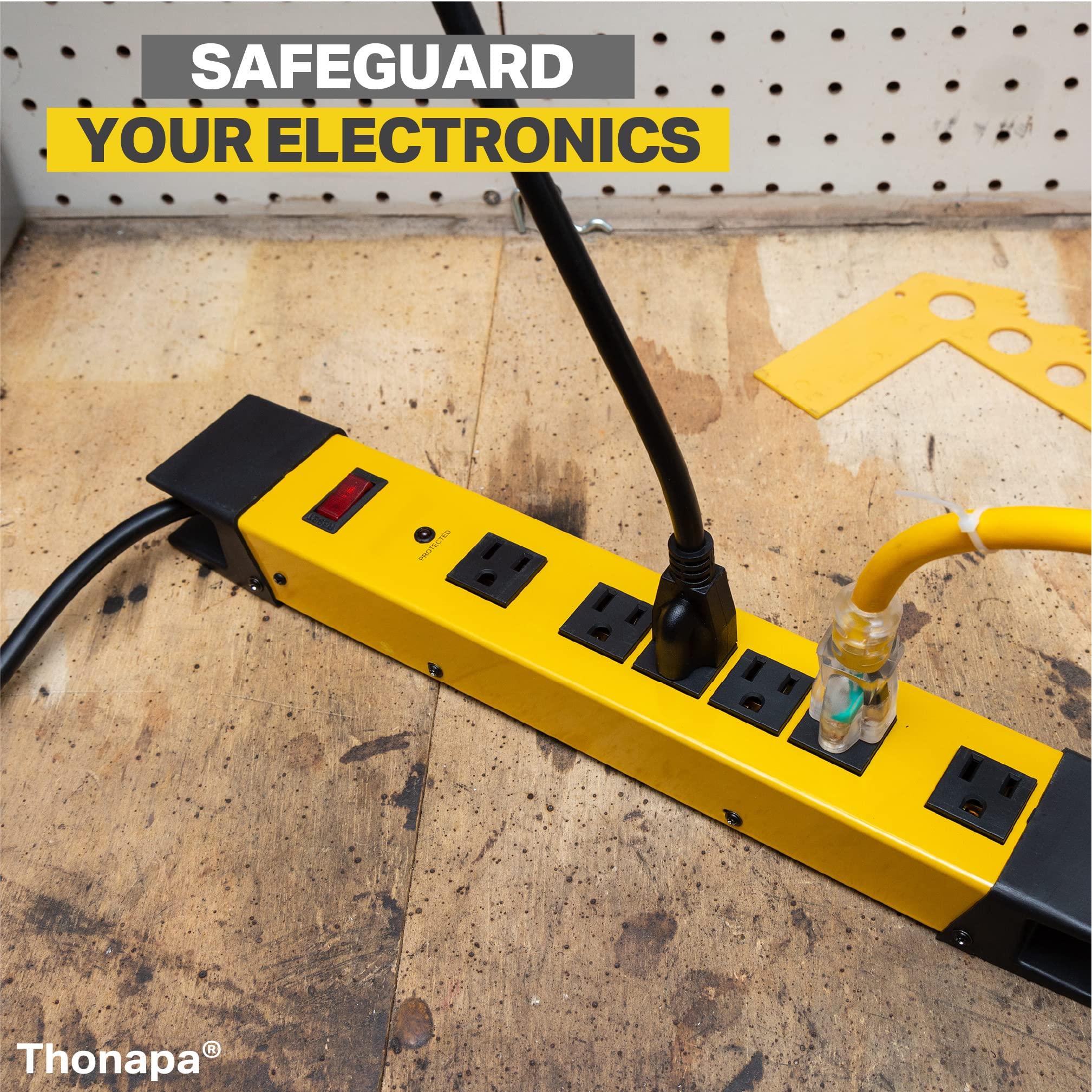 Thonapa Thonapa Heavy Duty Surge Protector Power Strip 6 Outlets, 14/3 SJT 9 ft Heavy Duty Extension Cord 3 Prong, Industrial Power Strip Black & Yellow Metal Surge Suppressor, ETL Listed