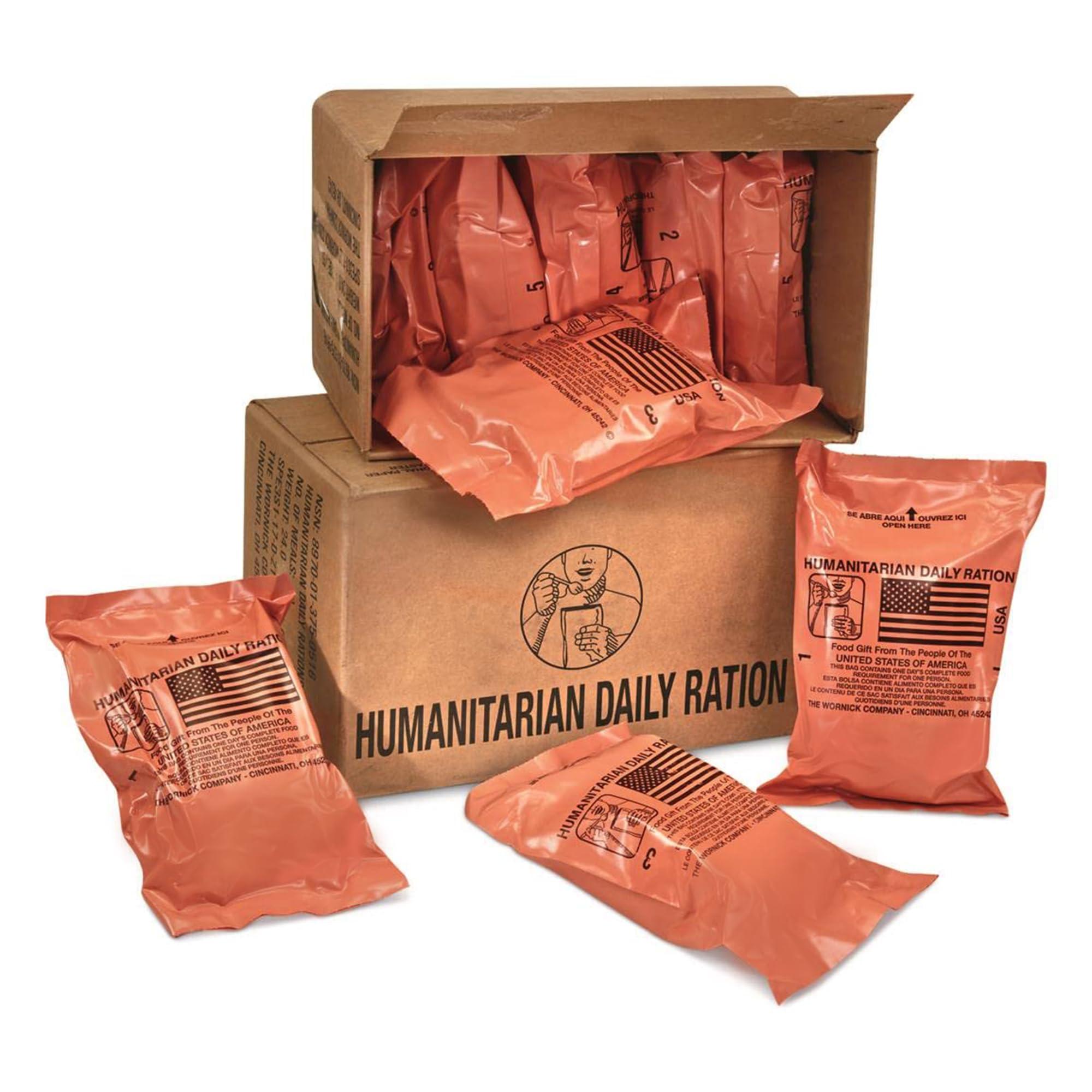 Ammo Can Man Humanitarian Daily Ration MRE Case 5 US FEMA Emergency rations MRE Varieties - Low Sodium Pre cooked w/Entree, Side Dishes for Hunting, Camping & More, 10 pack, Inspection Date 1/2024 or Better.