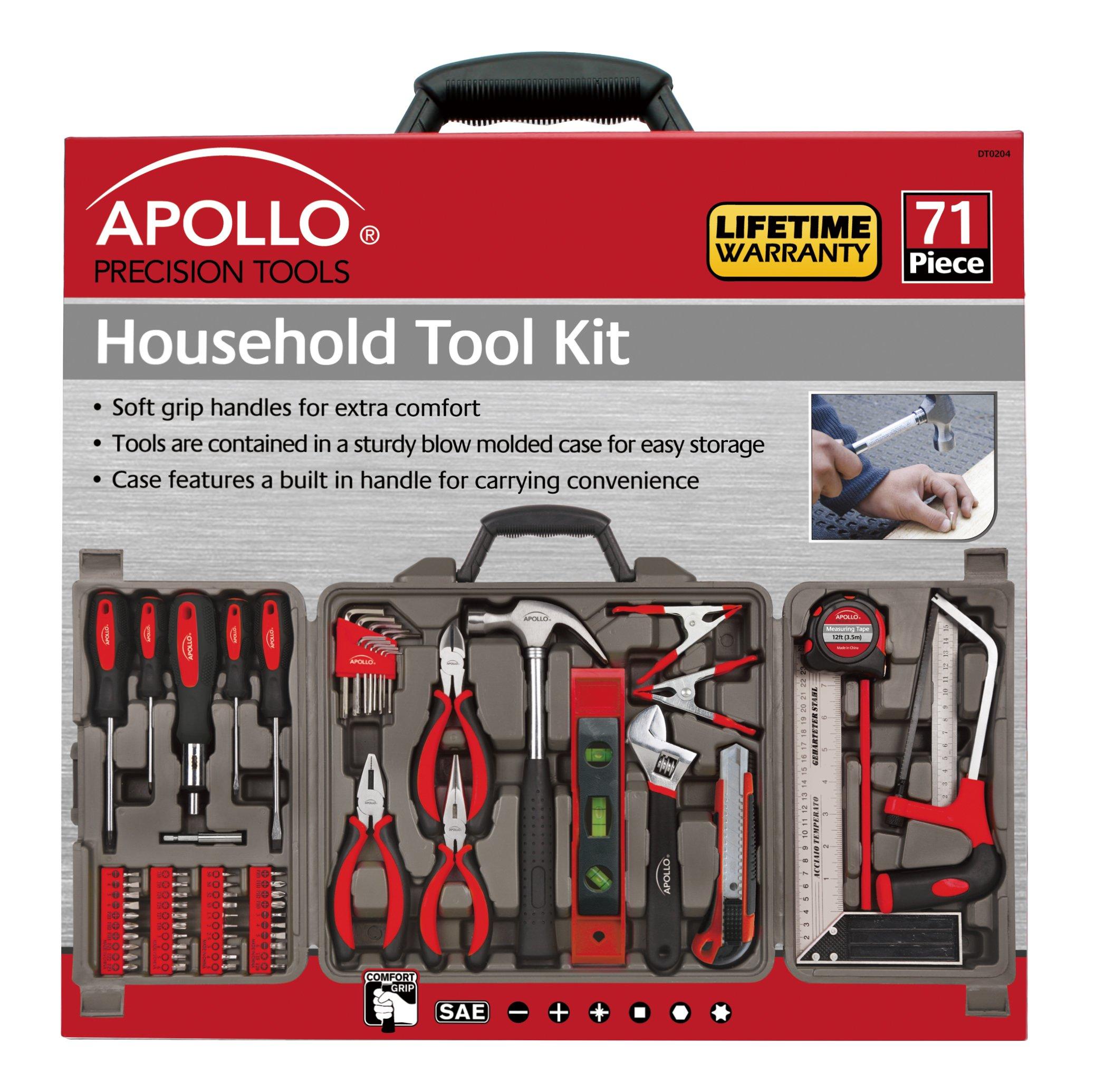 Apollo Tools Apollo Tools 71 Piece Complete Household Tool Set with Clamp, Hacksaw, Carpenter Square, Screwdriver and Plier Sets for College, Home Repairs and DIY - Red - DT0204