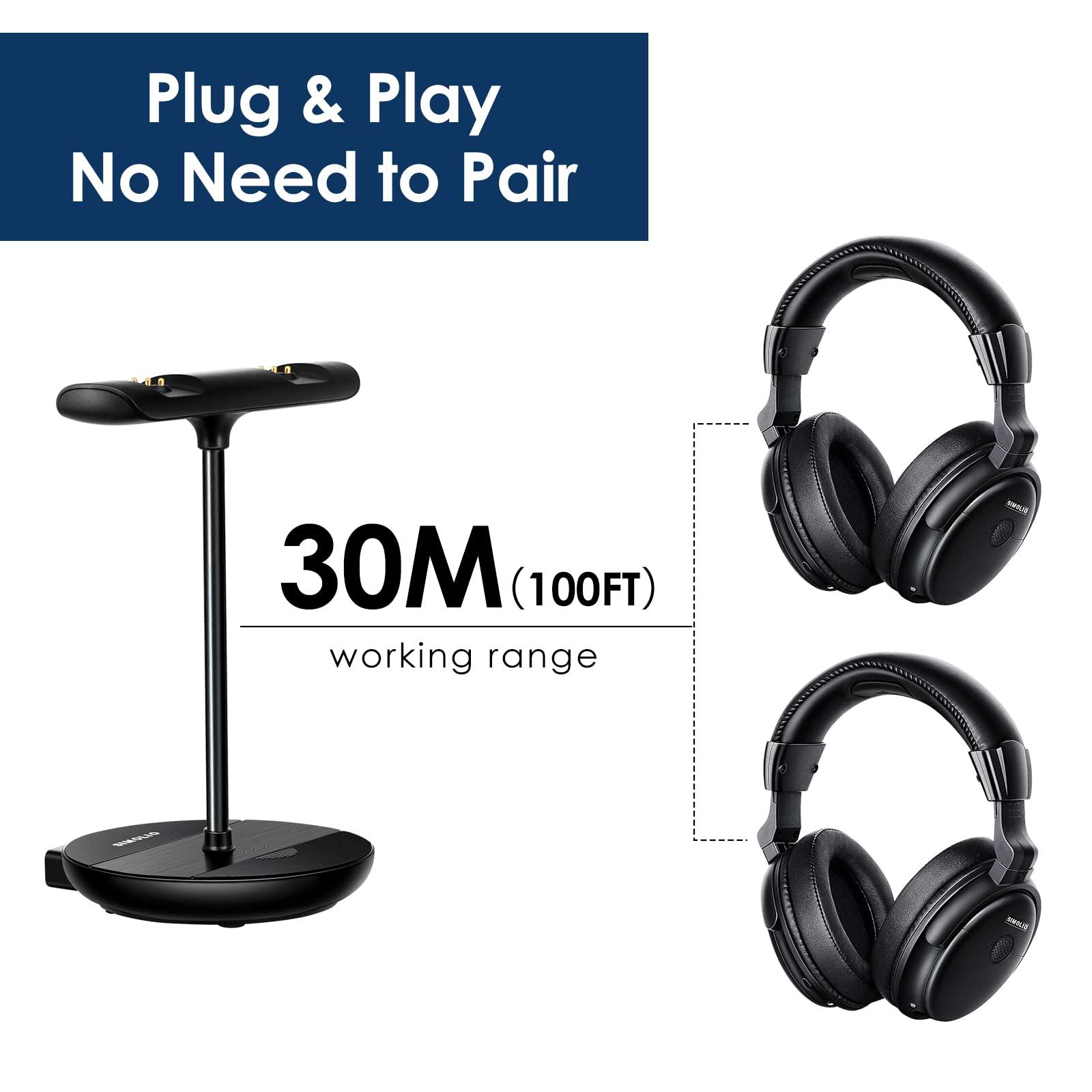 SIMOLIO SIMOLIO Dual Wireless TV Headphones with 2 Spare Batteries/Transmitter/Charging Stand 2-in-1, Wireless TV Headphones w/Dialogue Clarity & BAL & Tone Control, by-Pass, 100ft Range