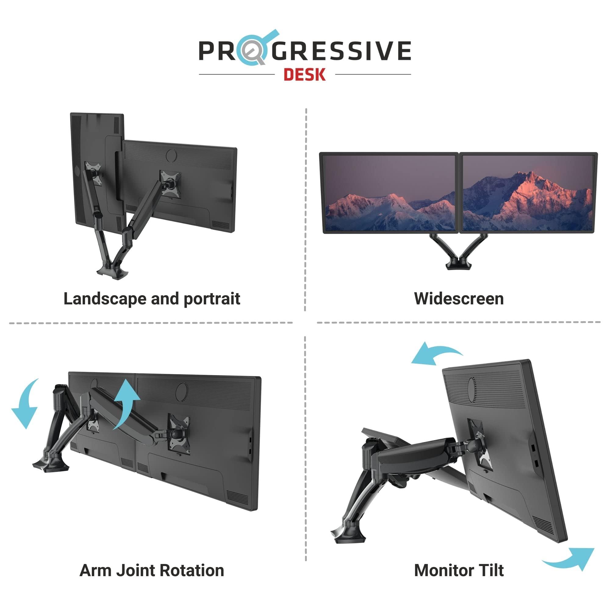 Progressive Desk Progressive Desk Dual Gas Spring Monitor Mount Stand - Fits 10"-27" Monitors - 180 Monitor Rotation - Arm Holds Up to 20 lbs per Arm