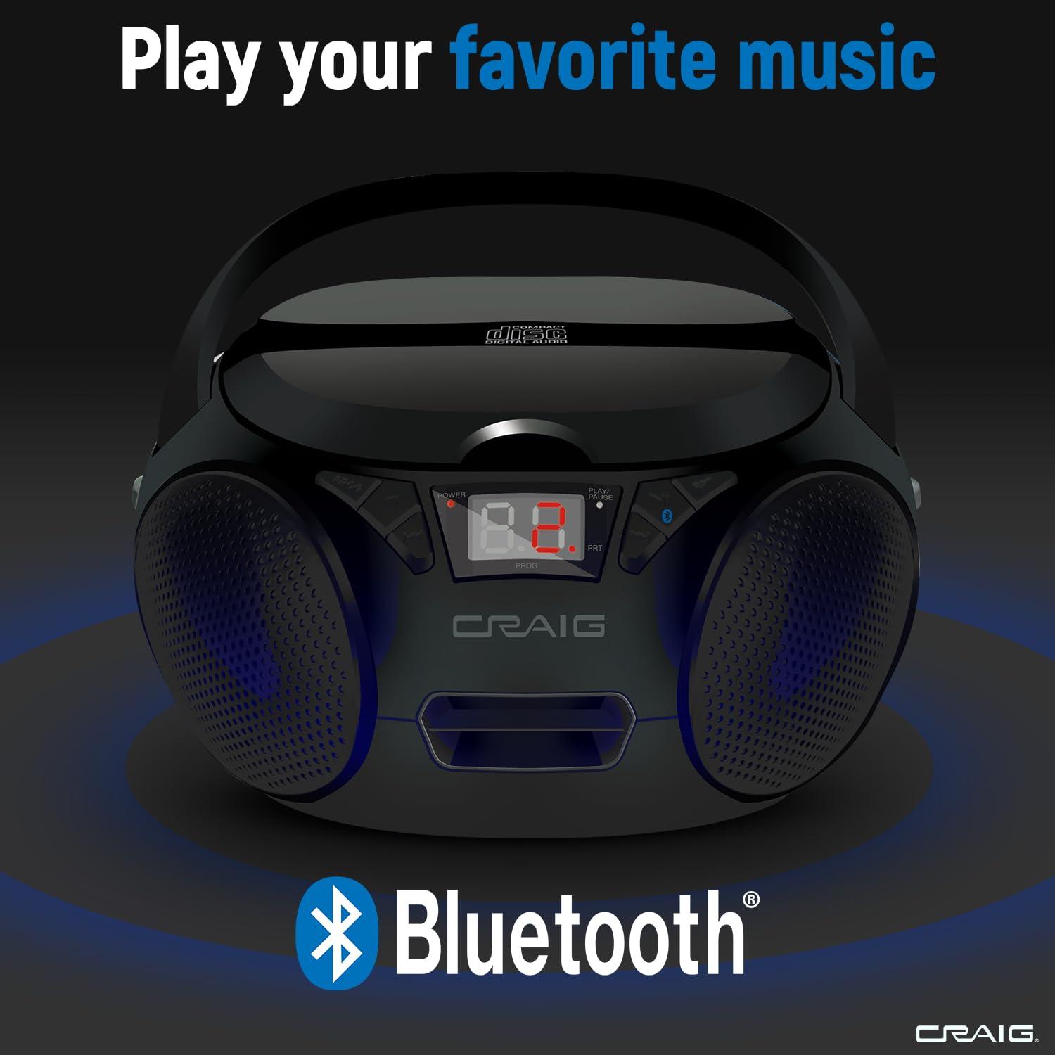 Craig |Craig CD6925 Portable Top-Loading Stereo CD Boombox with AM/FM Stereo Radio | Bluetooth Wireless (Black, Bluetooth) | No Headphone Jack | 3.5mm Aux Input