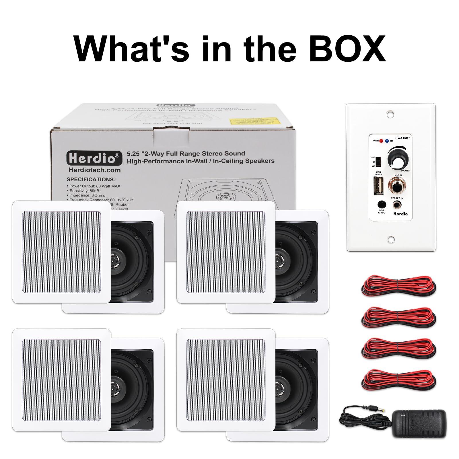 Herdio Herdio 5.25 Inches 2-Way Bluetooth Ceiling Speakers with 4 Channel Wall Amplifier, 320W Square in Wall Speaker System for Home Theater Office Kitchen, 2 Pairs