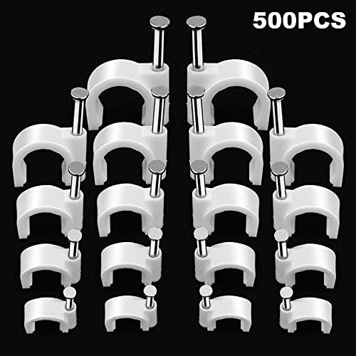 Marvelity 500pcs Cable Clips with Steel Nail in Cable Clips White 4mm 5mm 6mm 8mm 10mm Cable Wire Clips Cable Wall Clip Wire Staples Cord Clips for Wall Coaxial Cable Staples RG6 RG59 CAT6 RJ45 Wire Clips