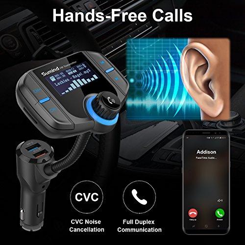 Sumind (Upgraded Version) Bluetooth FM Transmitter, Sumind Wireless Radio Adapter Hands-Free Car Kit with 1.7 Inch Display, QC3.0 and Smart 2.4A Dual USB Ports, AUX Input/Output, TF Card Mp3 Player