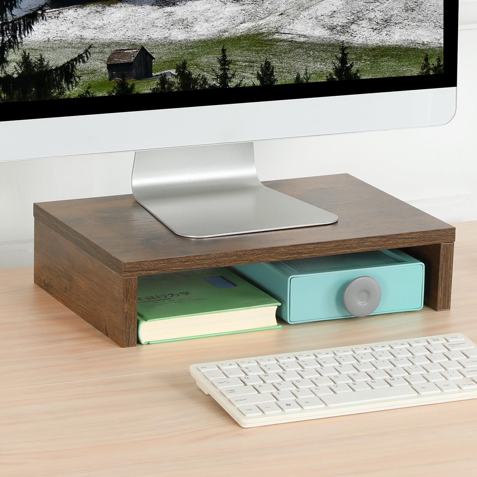 TEAMIX TEAMIX 14.2 inch Monitor Stand Riser, Rustic Brown Wood Monitor Riser with Storage for Desk Small Monitor Stand TV/Screen/PC/Laptop Riser Computer Stand Desktop Shelf (Brown-14.2 inch)
