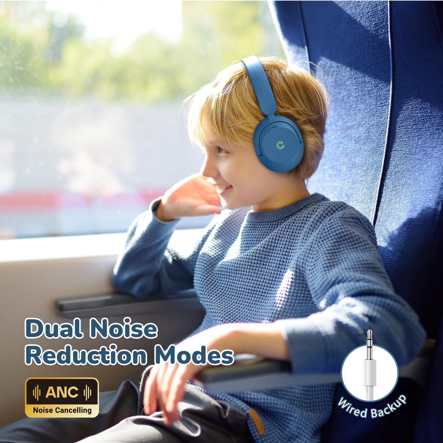 iClever iClever BTH20 Active Noise Cancelling Headphones for Kids, 60H Play Time,Type C Fast Charging, Safe Volume 80dBA, Bluetooth5.4, Award-Winning Kids Headphones Wireless for iPad Tablet Airplane, Blue